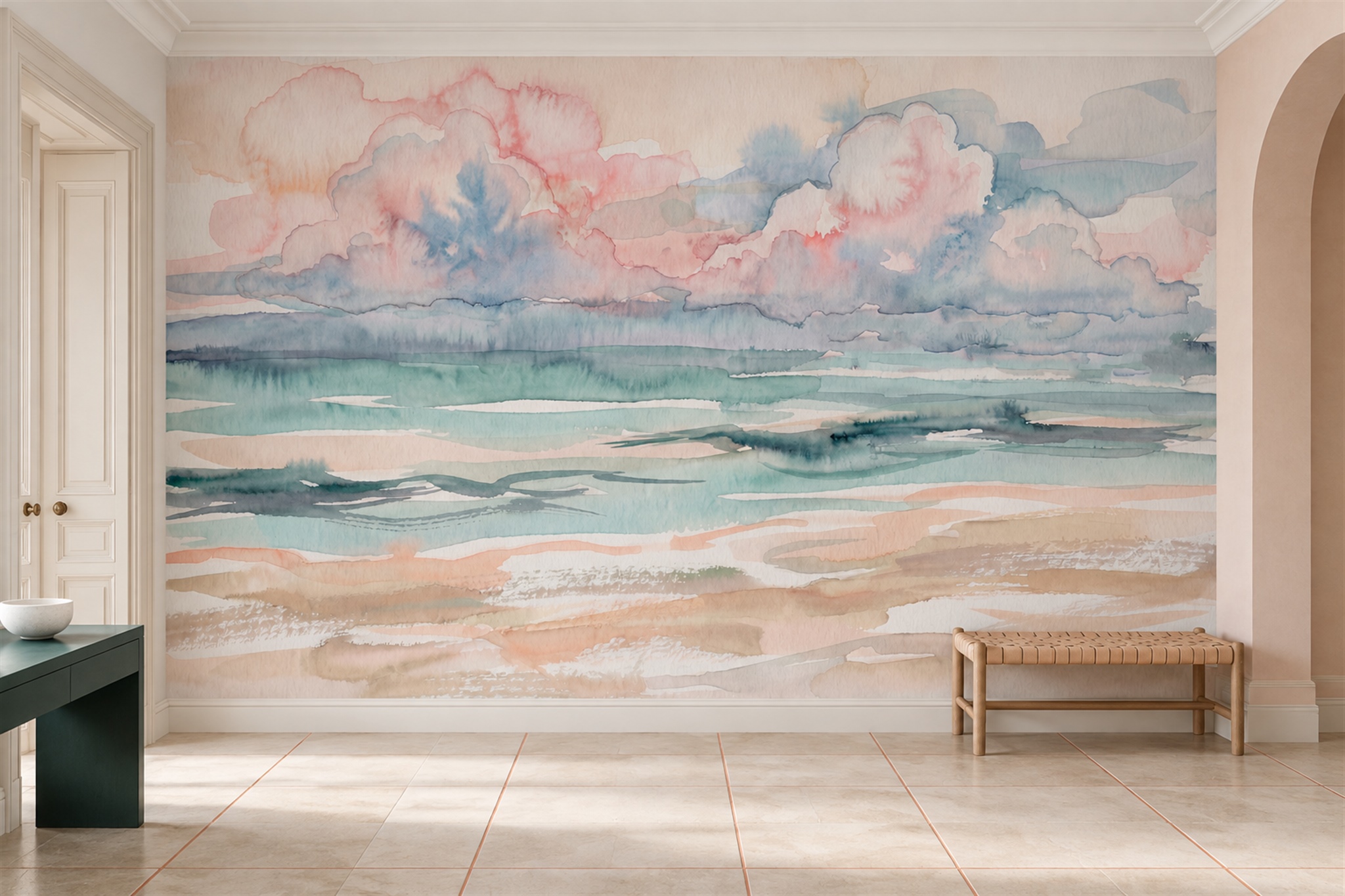 Pink Beach Scenic Wallpaper Mural Entryway-wallpaper-murals, Peel-and-stick Finish
