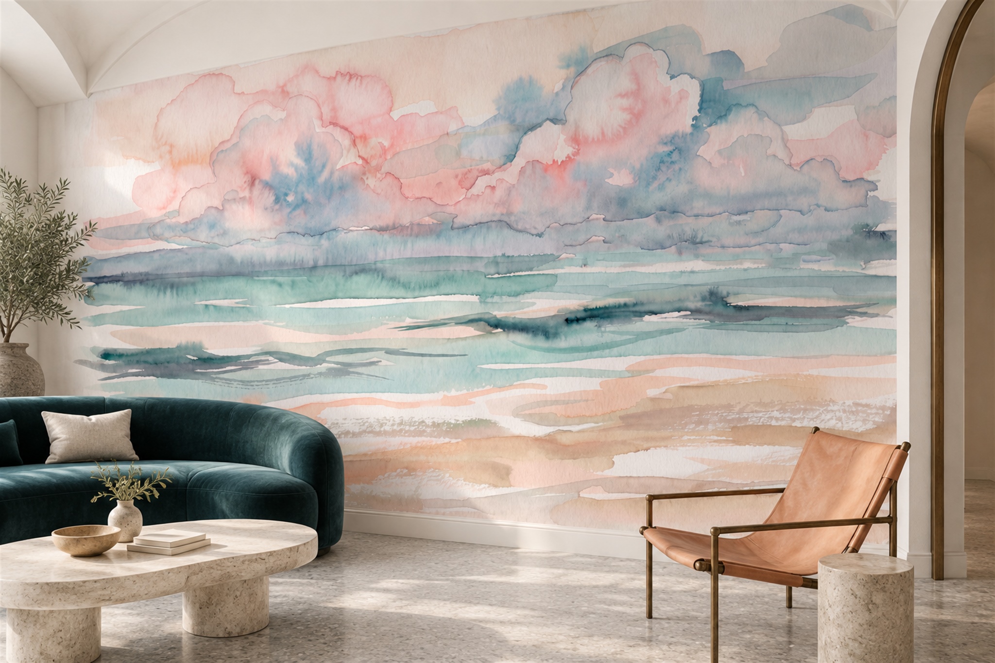 Pink Beach Scenic Wallpaper Mural Bedroom-wallpaper-murals, Peel-and-stick Finish