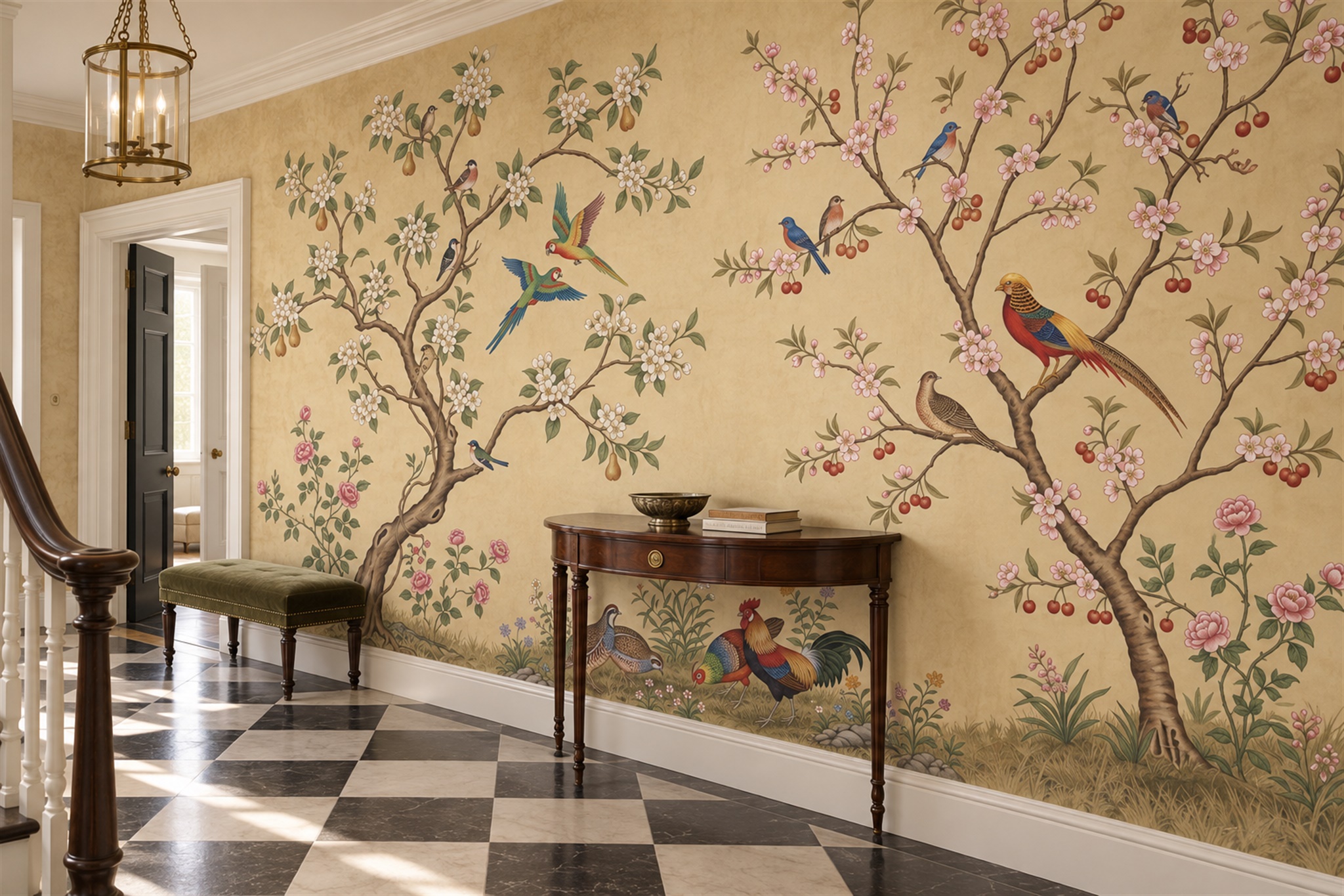 Gold Botanical Botanical Layered Wallpaper Mural Entryway-wallpaper-murals, Peel-and-stick Finish