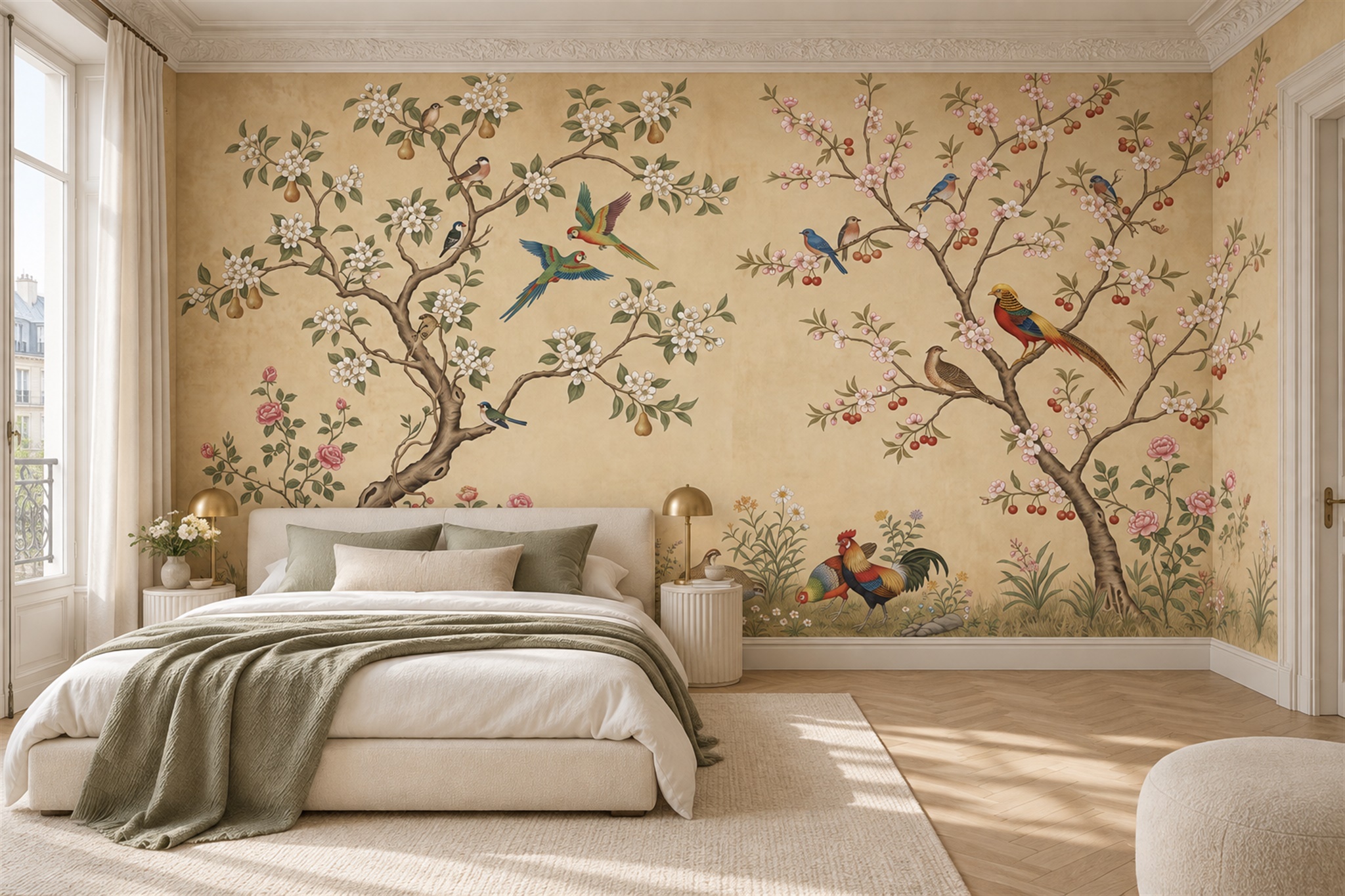 Gold Botanical Botanical Layered Wallpaper Mural Bedroom-wallpaper-murals, Peel-and-stick Finish