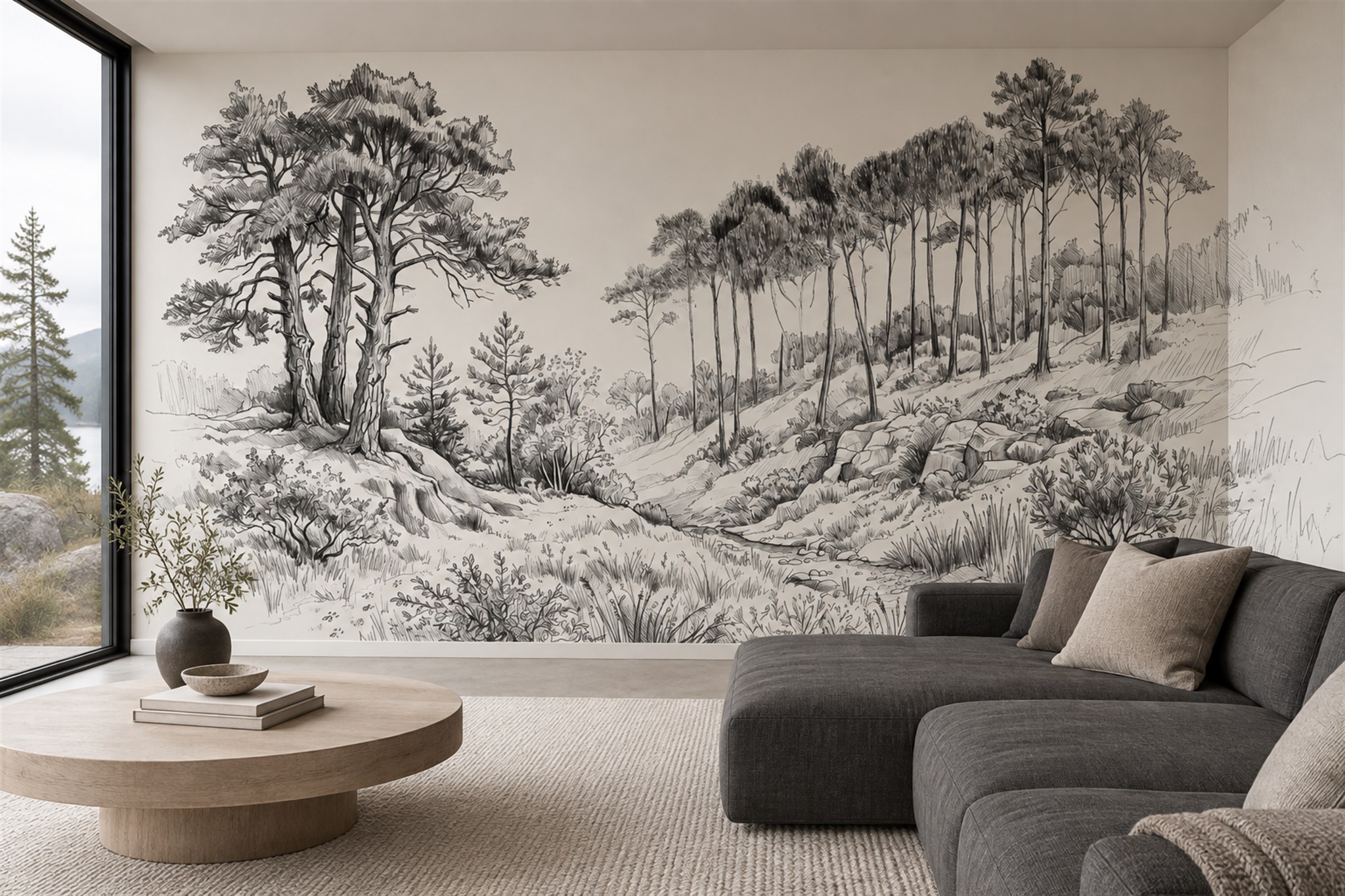 Grey Pine Scenic Decorative Wallpaper Mural Living-room-wallpaper-murals, Peel-and-stick Finish