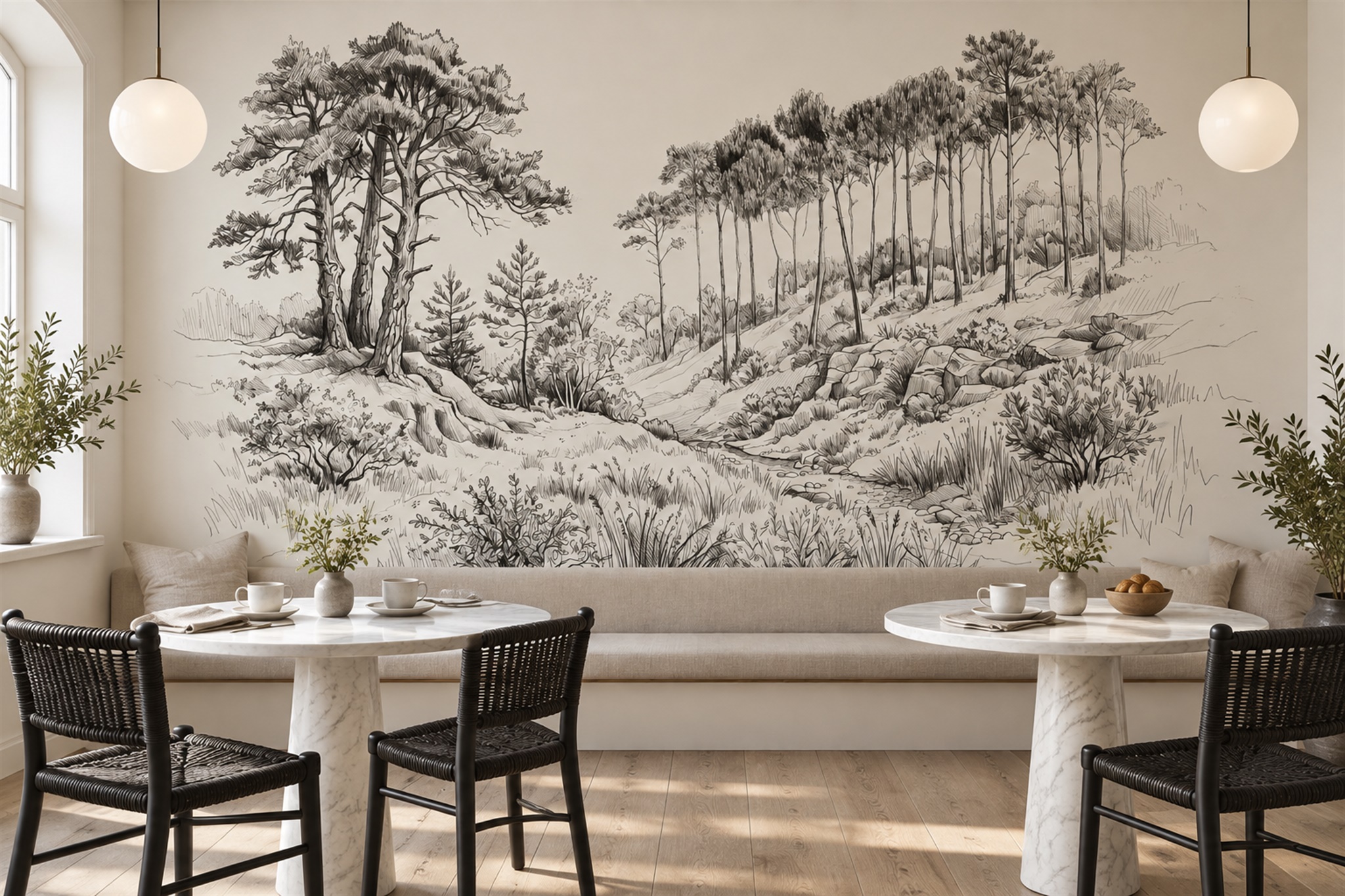 Grey Pine Scenic Decorative Wallpaper Mural Dining-room-wallpaper-murals, Shown In A Dining Room, Peel-and-stick Finish