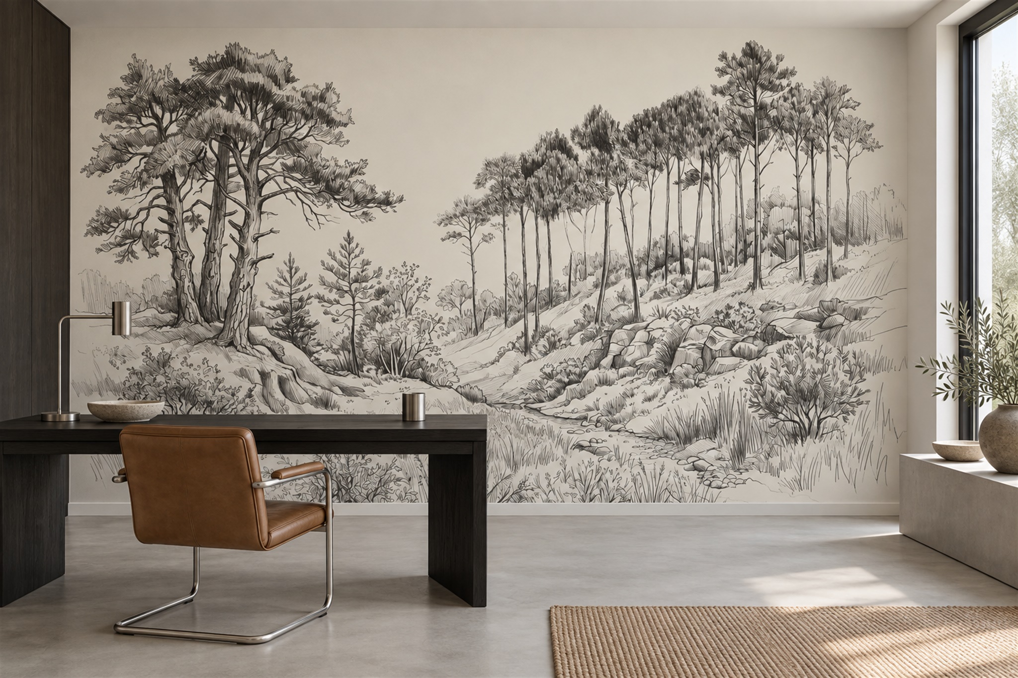 Grey Pine Scenic Decorative Wallpaper Mural Living-room-wallpaper-murals, Peel-and-stick Finish