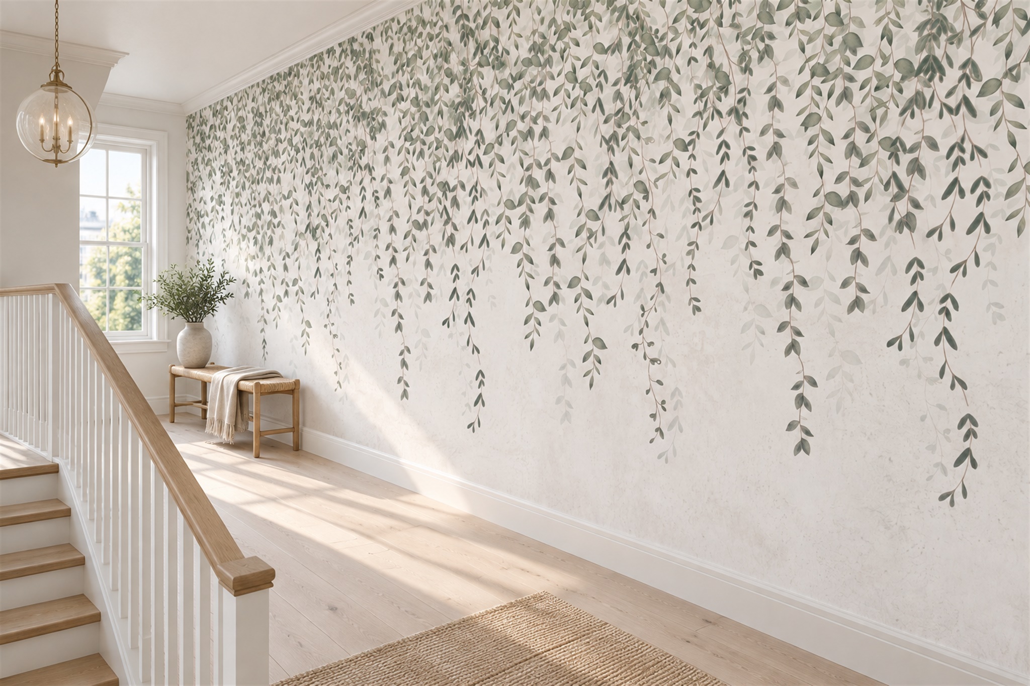Sage Vine Botanical Abstract Wallpaper Mural Hallway-wallpaper-murals, Peel-and-stick Finish