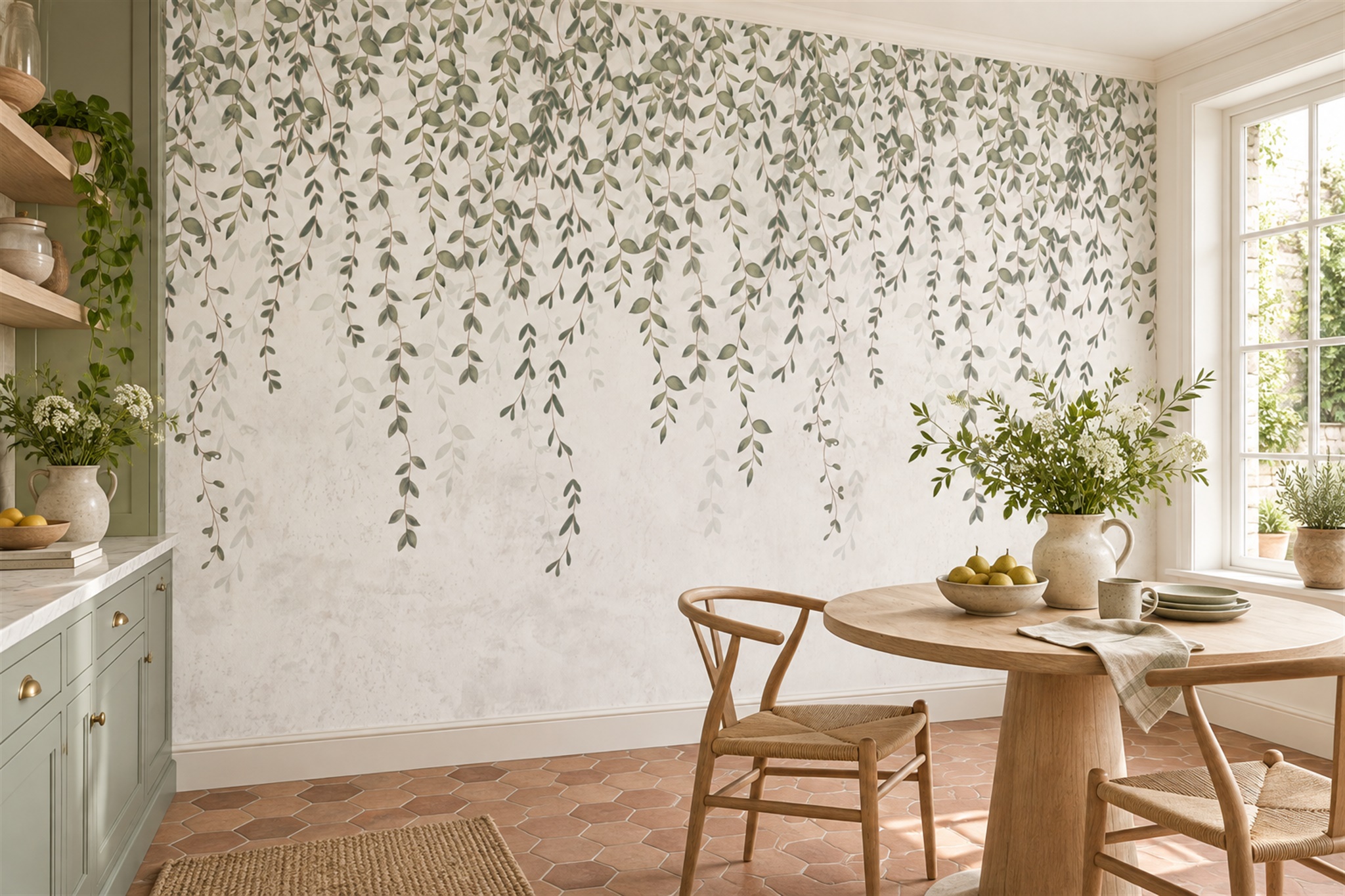 Trailing Sage Vines Repeating Wallpaper Mural — Wallpaper Mural Design, Peel-and-stick Finish