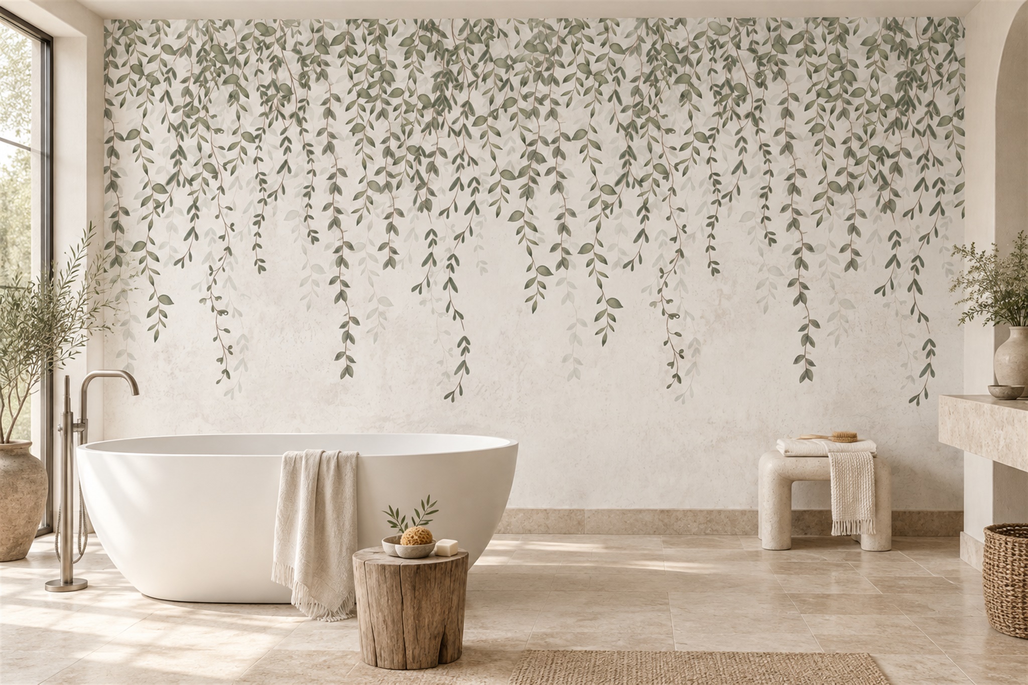 Sage Vine Botanical Abstract Wallpaper Mural Bathroom-wallpaper-murals, Peel-and-stick Finish