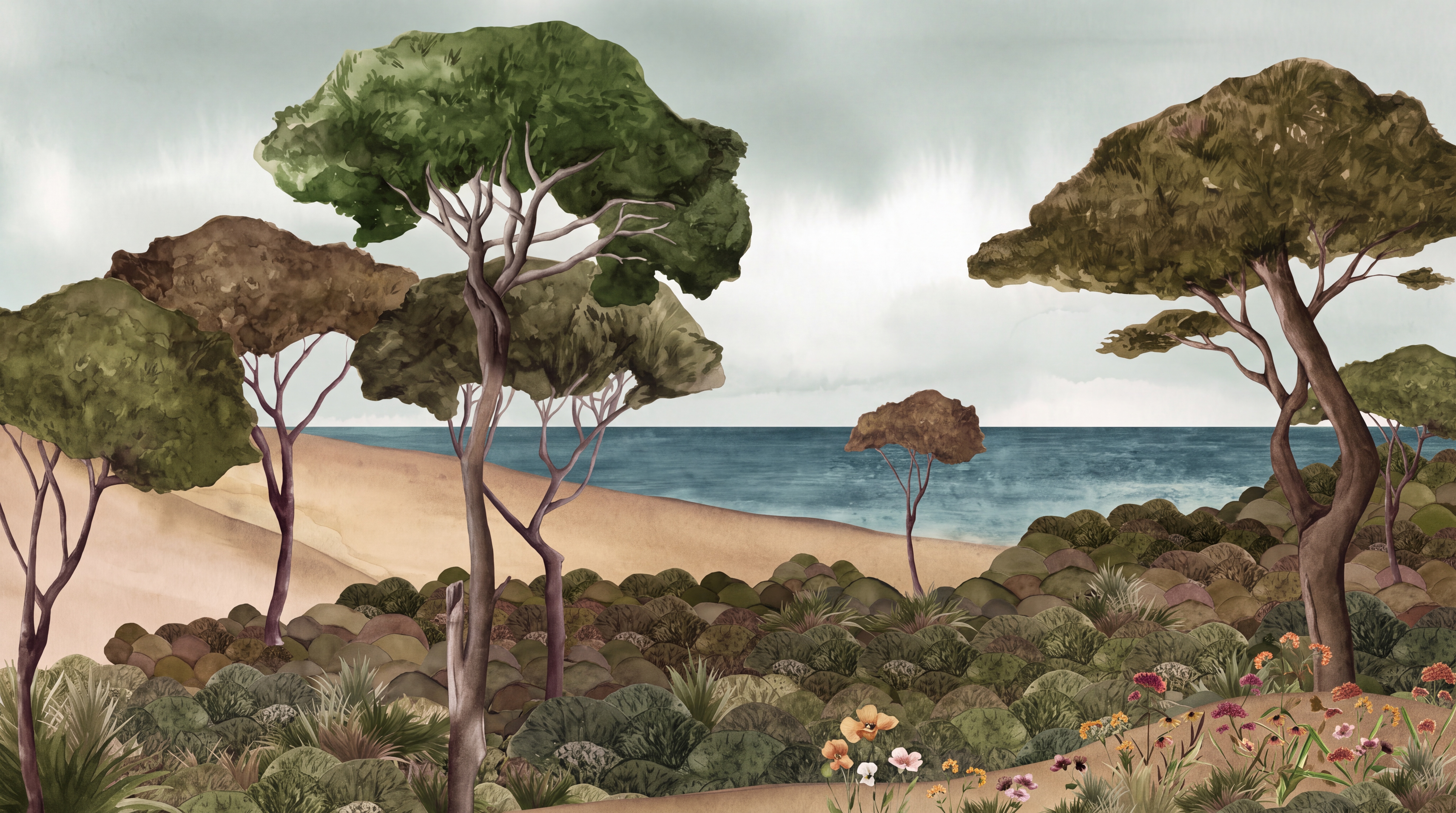 Olive Scenic Scenic Painterly Wallpaper Mural, Peel-and-stick Finish