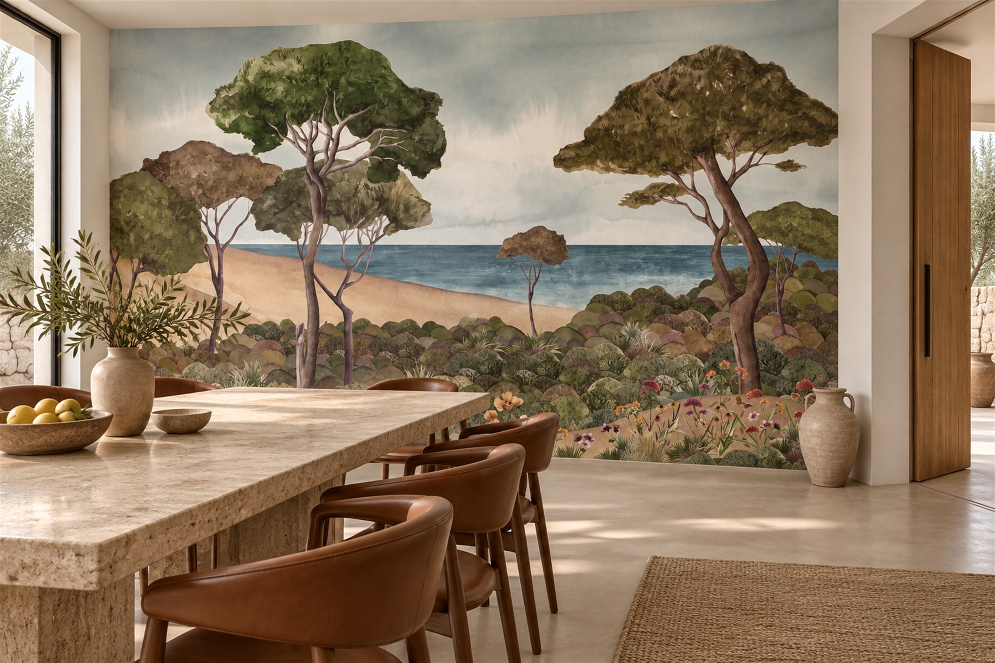 Olive Scenic Scenic Painterly Wallpaper Mural Dining-room-wallpaper-murals, Shown In A Dining Room, Peel-and-stick Finish