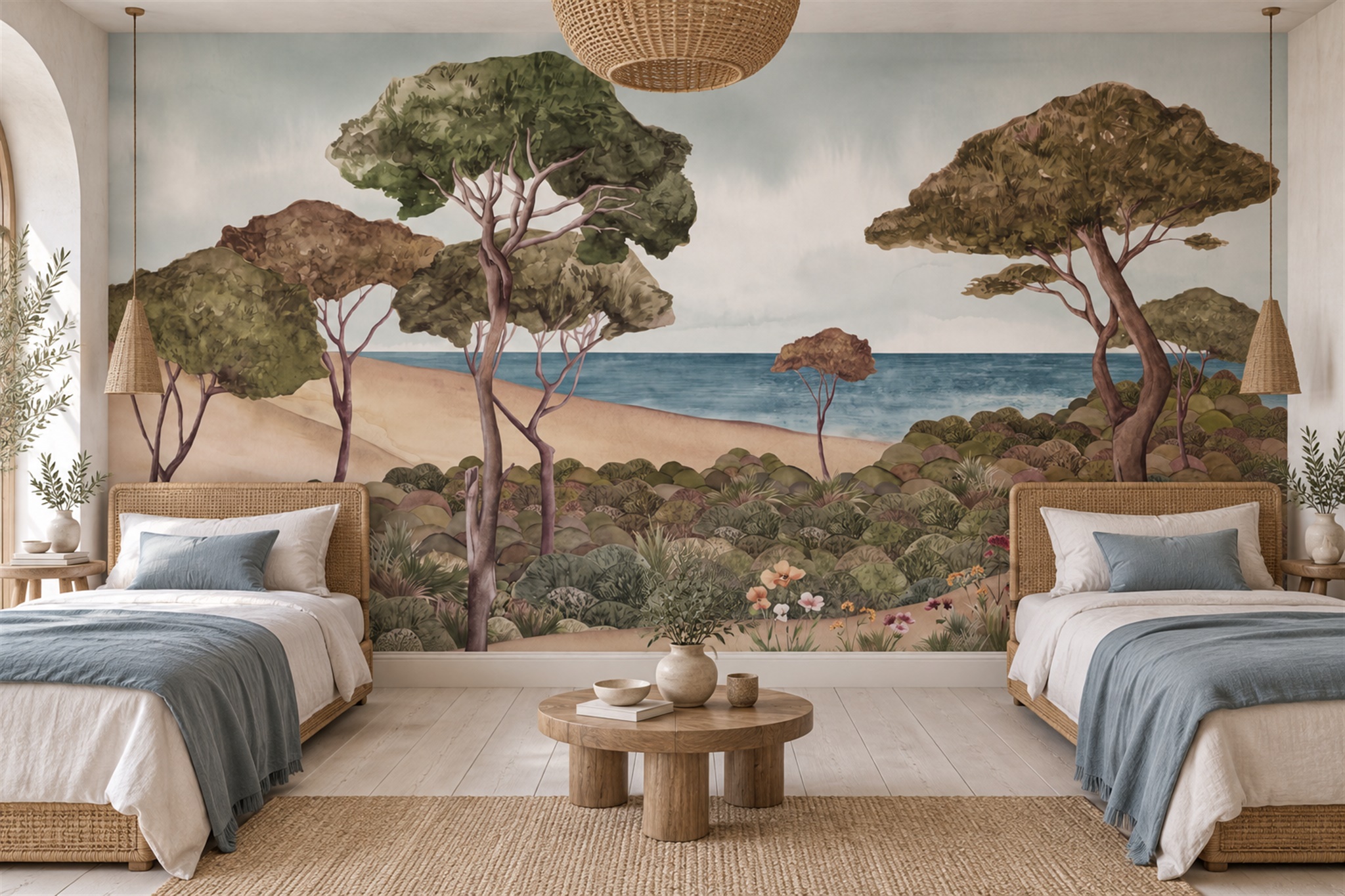 Olive Scenic Scenic Painterly Wallpaper Mural Accent-wall-wallpaper-murals, Peel-and-stick Finish