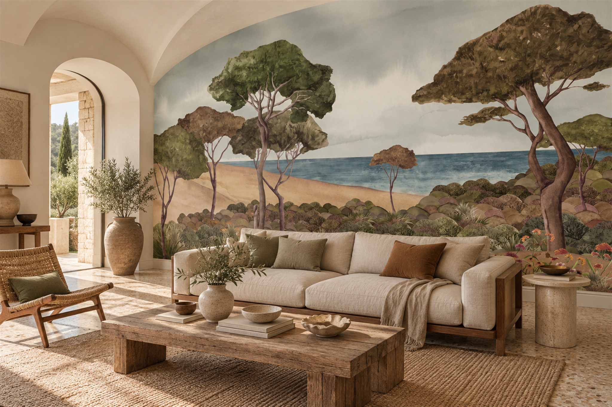 Olive Green Coastal Trees And Seaside Wallpaper Mural — Wallpaper Mural Design, Peel-and-stick Finish