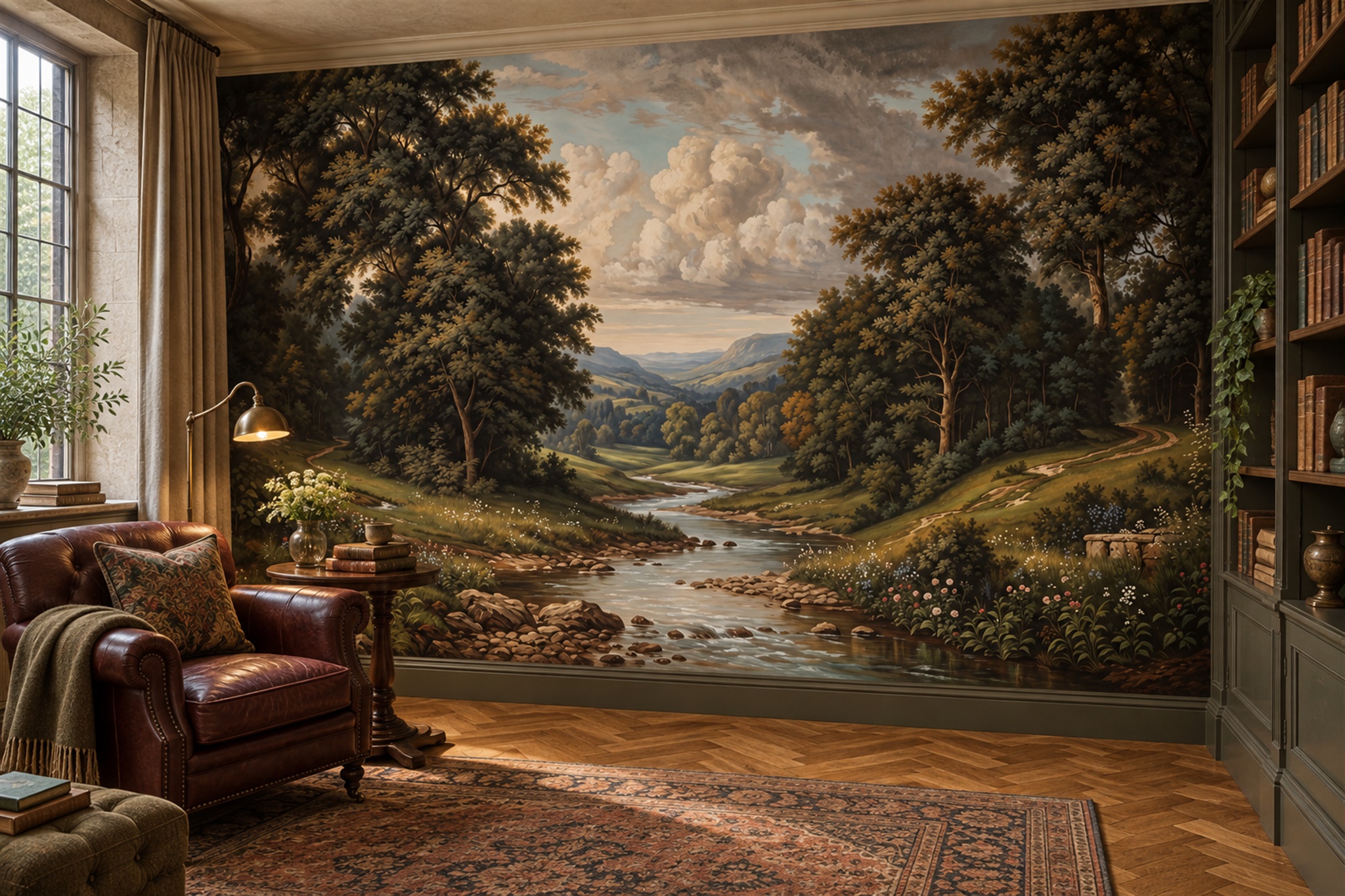 River Valley Beneath A Clouded Sky Wallpaper Mural — Wallpaper Mural Design, Peel-and-stick Finish