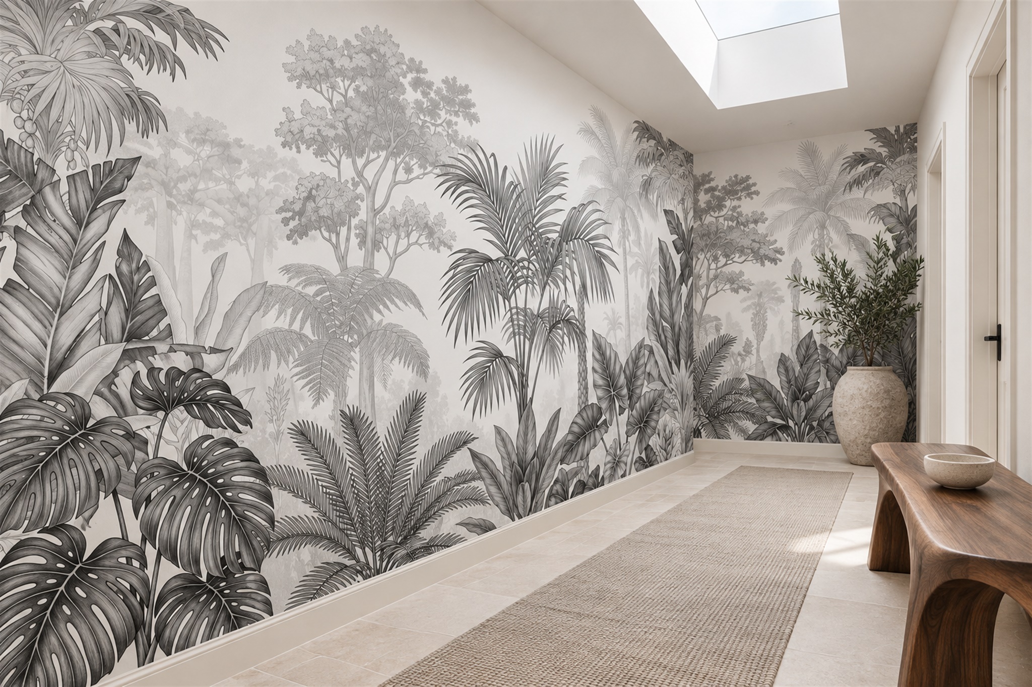 Grey Tropical Artful Painterly Wallpaper Mural, Peel-and-stick Finish