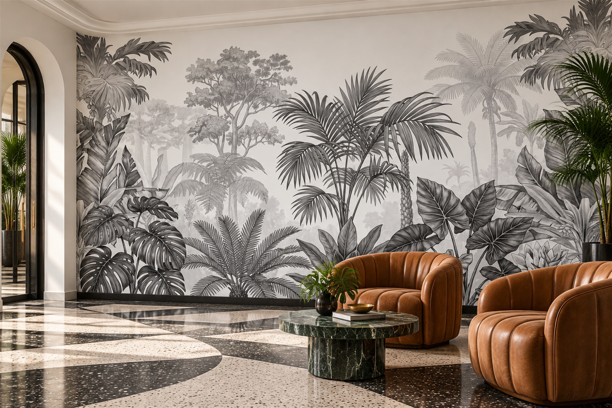 Grey Tropical Artful Painterly Wallpaper Mural Living-room-wallpaper-murals, Peel-and-stick Finish