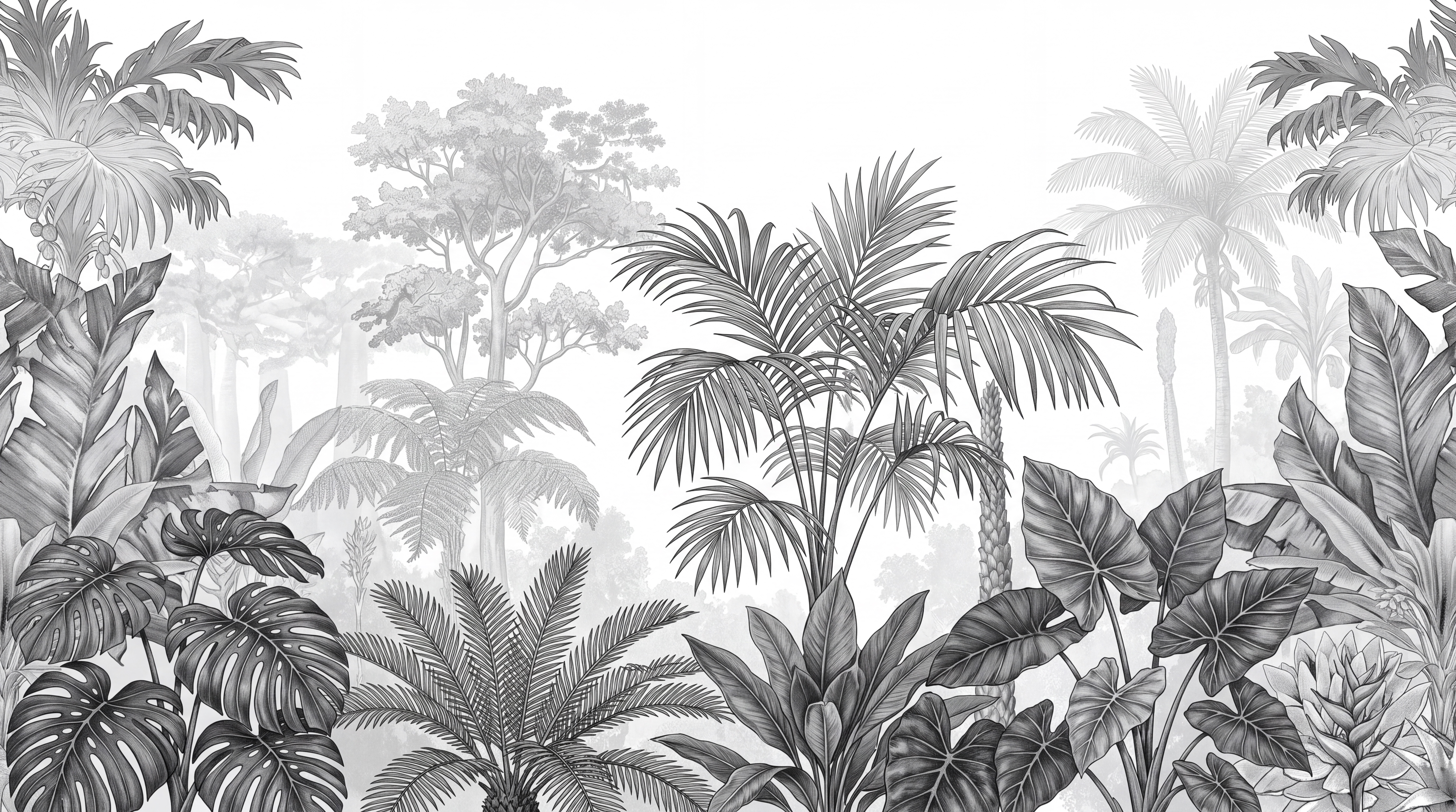 Grey Tropical Artful Painterly Wallpaper Mural, Peel-and-stick Finish