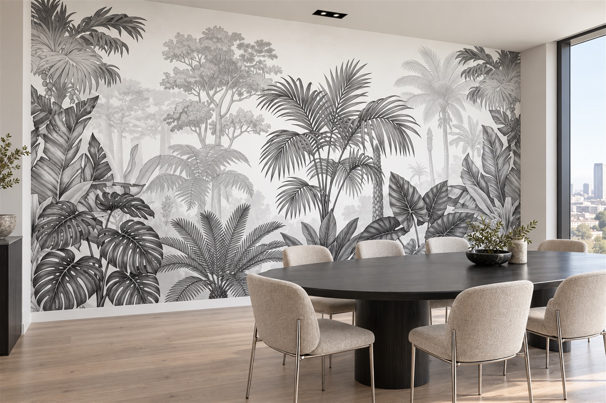 Grey Tropical Artful Painterly Wallpaper Mural Living-room-wallpaper-murals, Peel-and-stick Finish