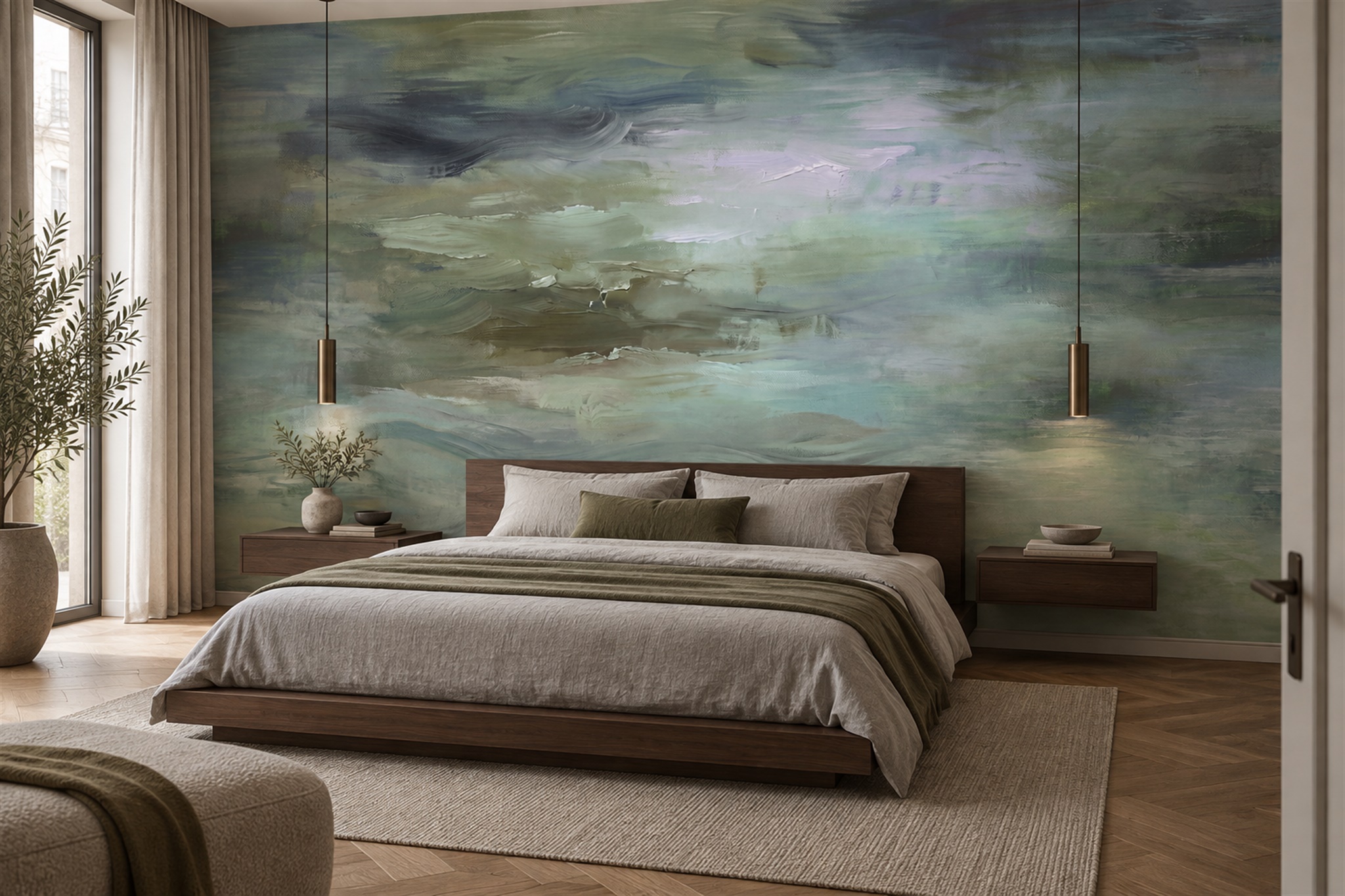 Teal Grey Misty Watercolour Abstract Wallpaper Mural — Installed Wallpaper Mural In A Bedroom, Peel-and-stick Finish