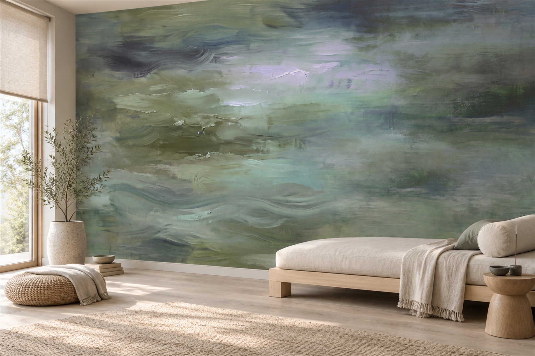 Teal Washed Artful Wallpaper Mural Accent-wall-wallpaper-murals, Peel-and-stick Finish