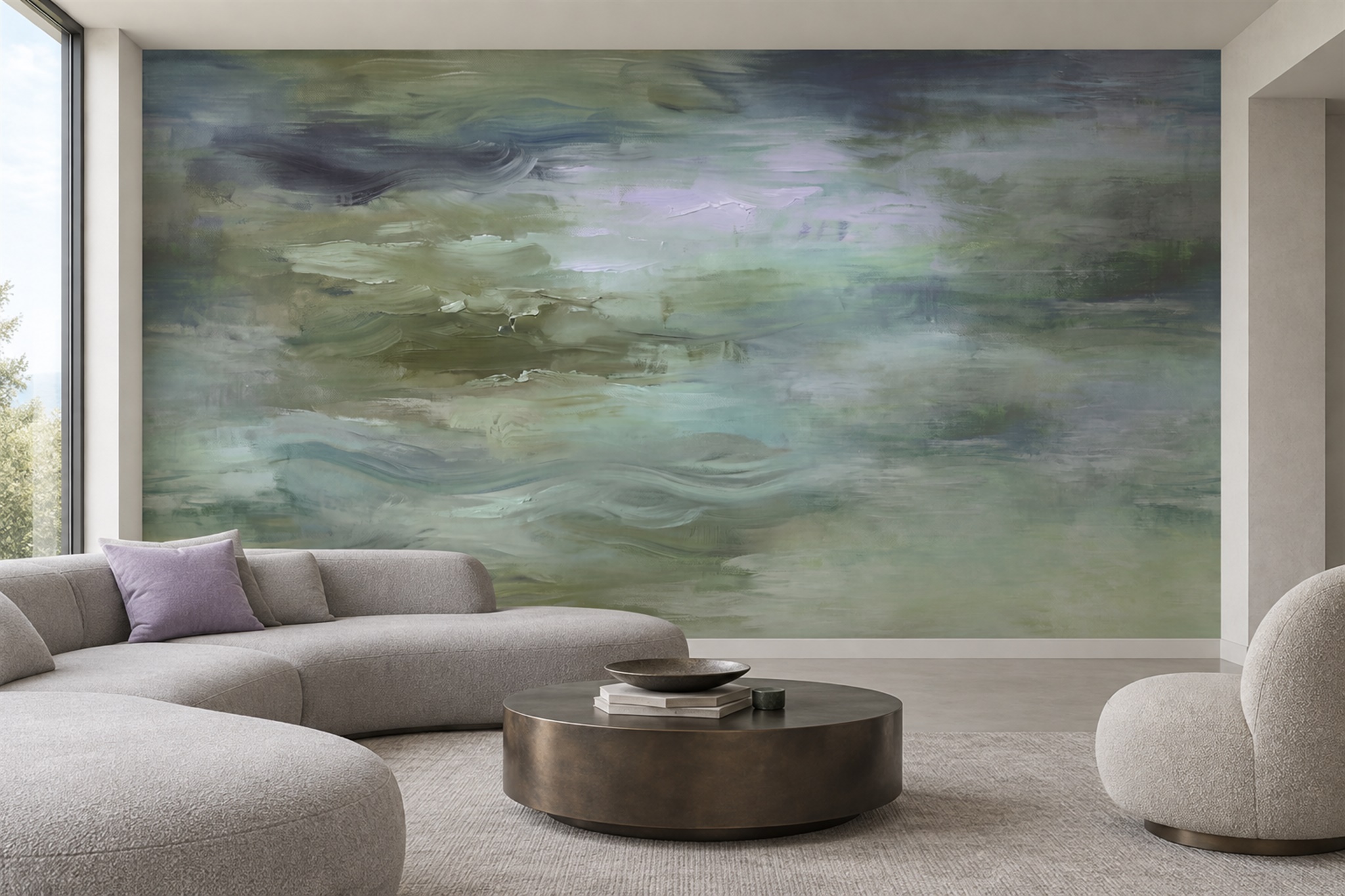 Broad green and lavender abstract mural shown on a clear living-room wall