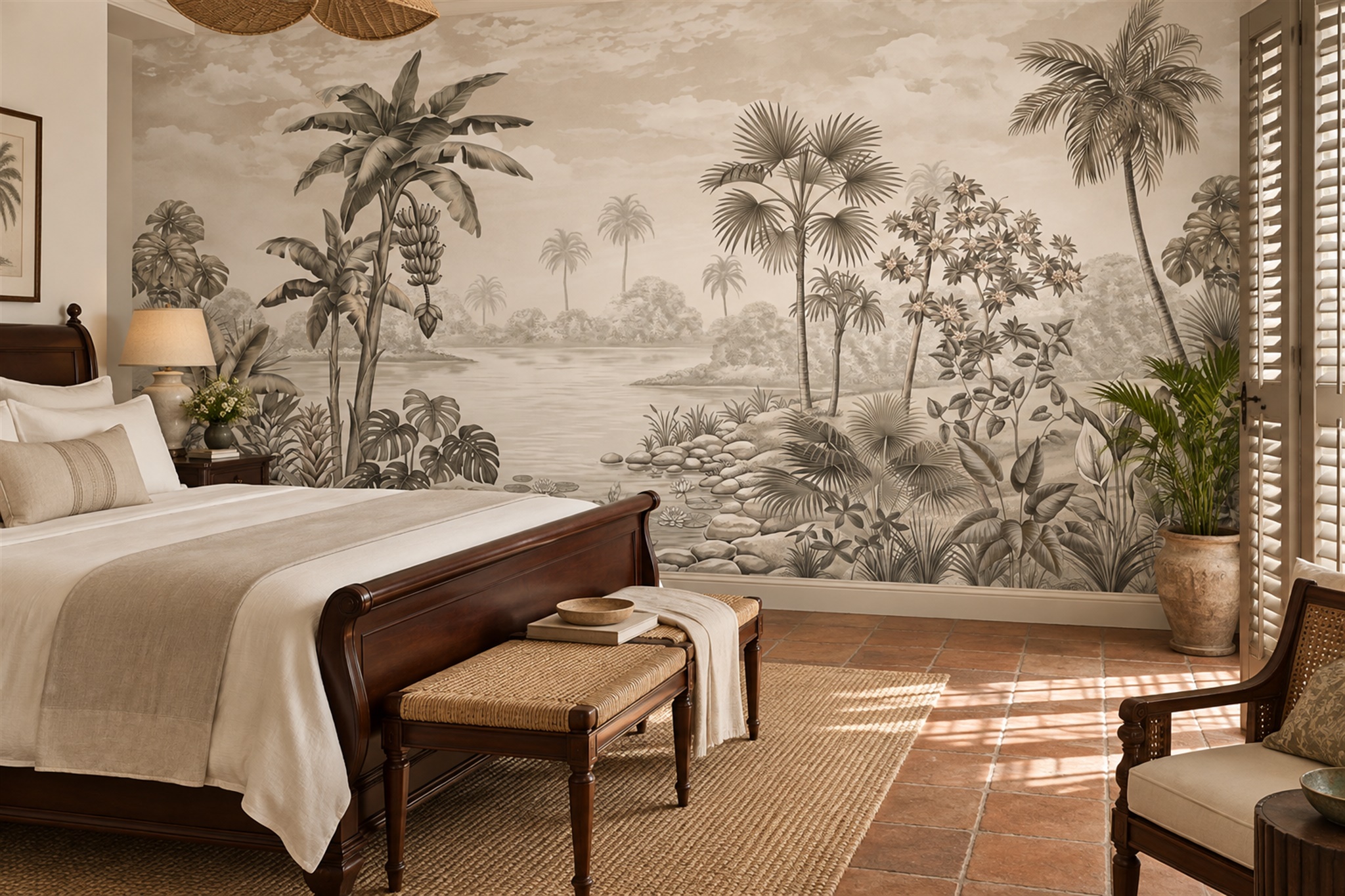 Sepia Tropical Artful Wallpaper Mural Bedroom-wallpaper-murals, Peel-and-stick Finish