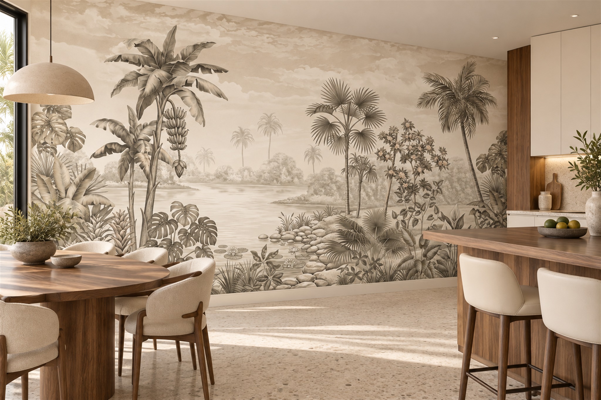Sepia Tropical Artful Wallpaper Mural Dining-room-wallpaper-murals, Shown In A Dining Room, Peel-and-stick Finish