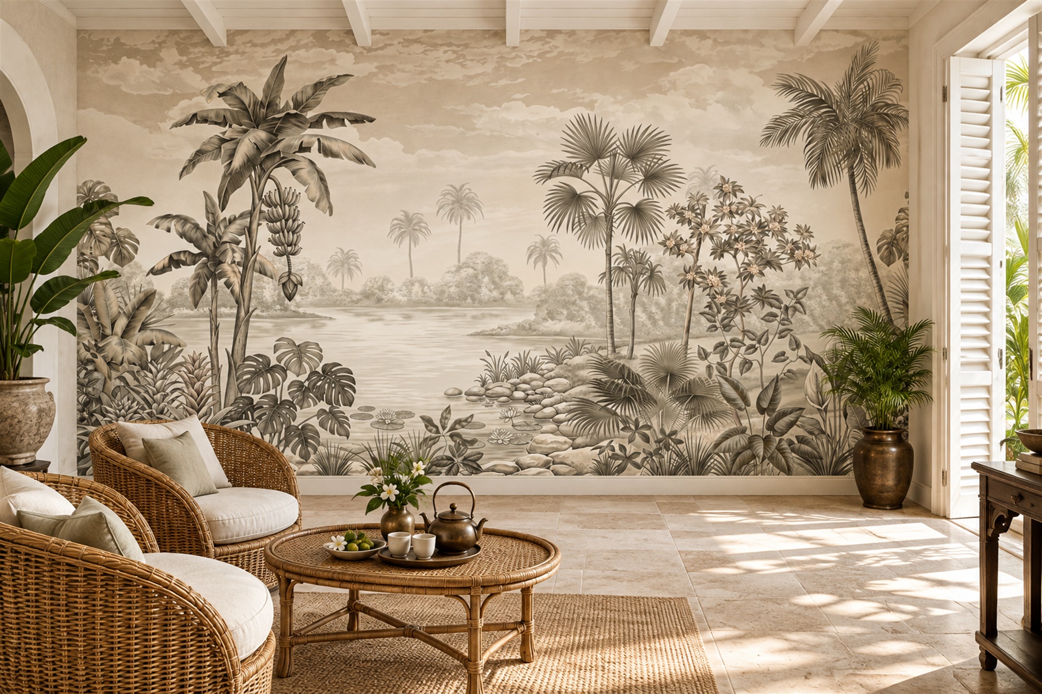 Sepia Tropical Lakeside With Palms And Water Lilies Wallpaper Mural — Wallpaper Mural Design, Peel-and-stick Finish