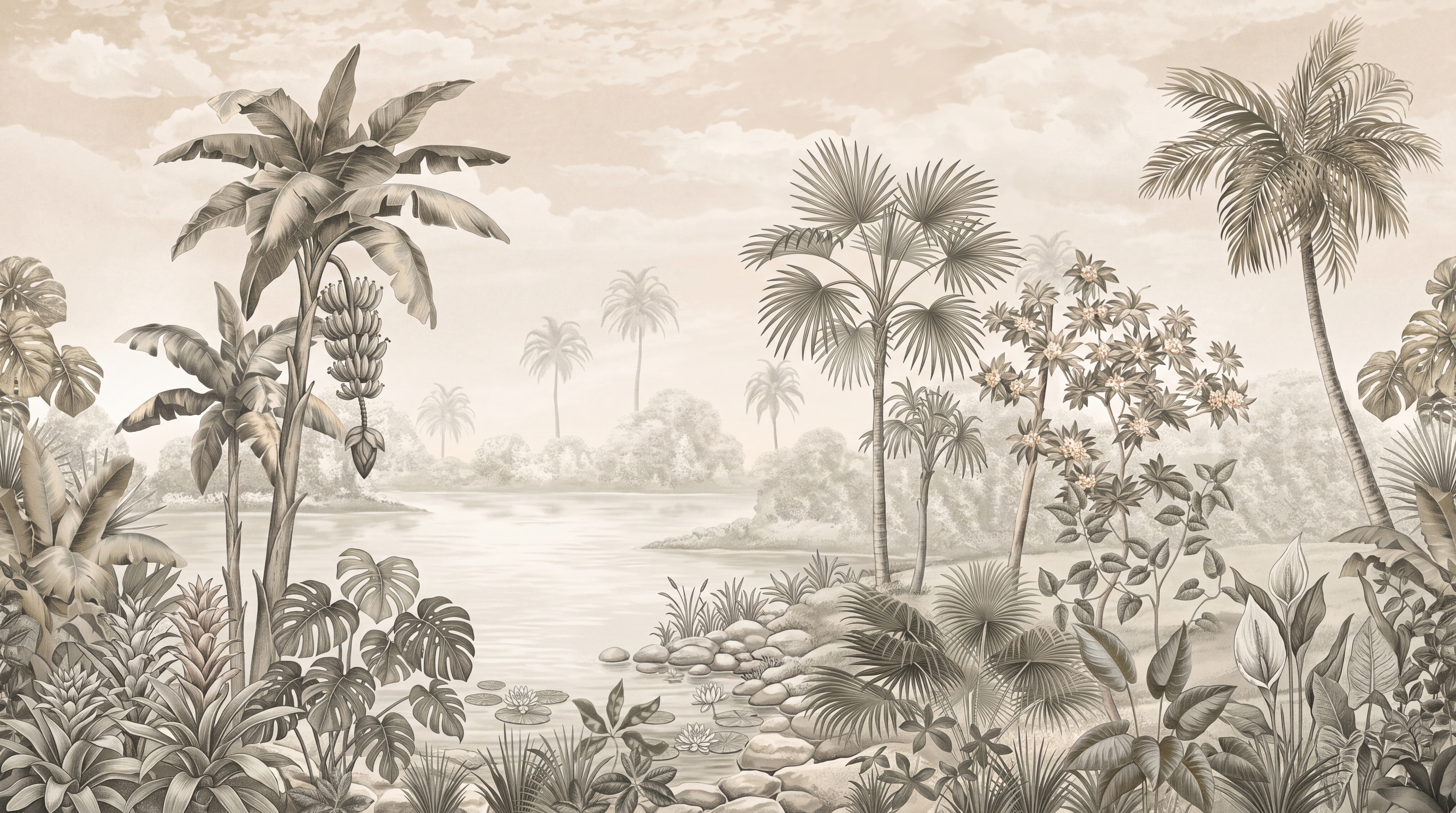 Sepia Tropical Artful Wallpaper Mural, Peel-and-stick Finish