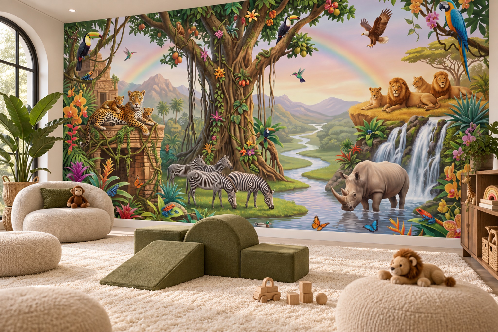 Green Toile Artful Wallpaper Mural Feature-wall-wallpaper-murals, Peel-and-stick Finish