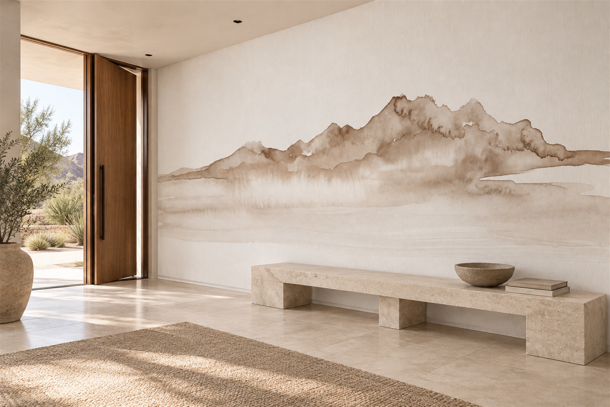 Taupe Mountain Scenic Wallpaper Mural Entryway-wallpaper-murals, Peel-and-stick Finish
