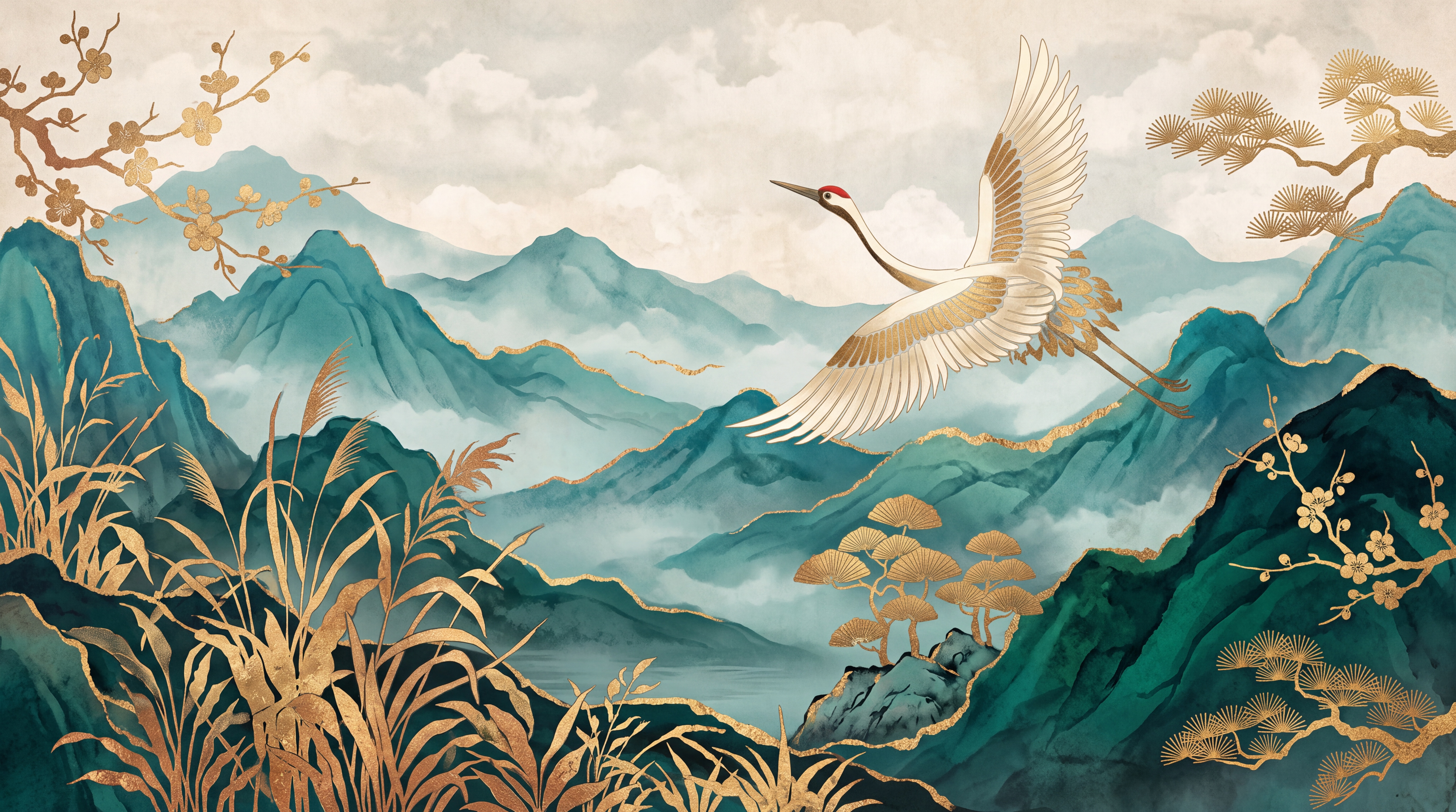 Teal Crane Illustrated Wallpaper Mural, Peel-and-stick Finish
