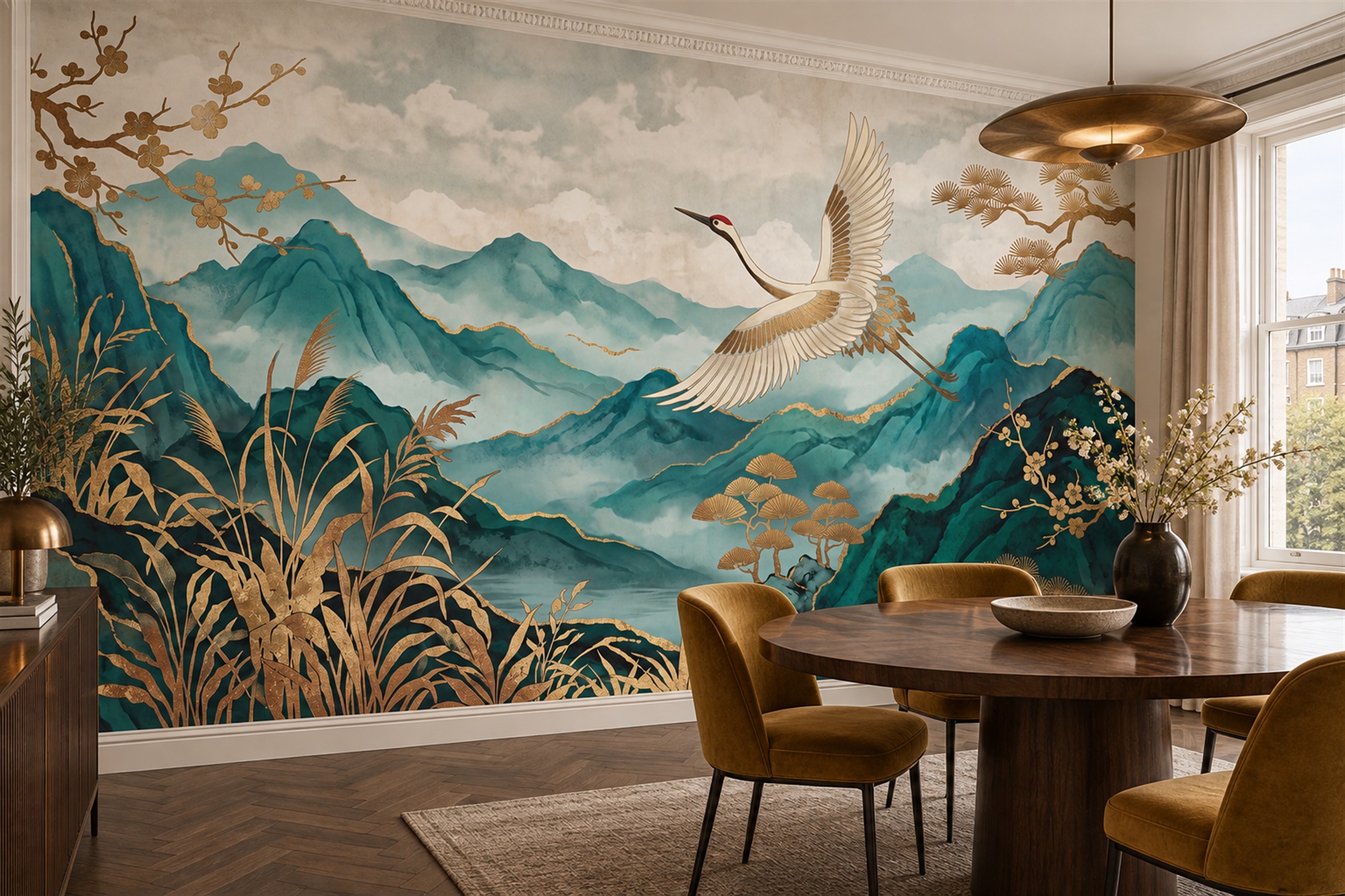 Teal Crane Illustrated Wallpaper Mural Dining-room-wallpaper-murals, Shown In A Dining Room, Peel-and-stick Finish