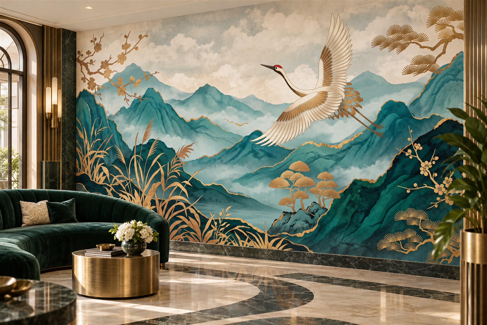 Teal Crane Illustrated Wallpaper Mural Accent-wall-wallpaper-murals, Peel-and-stick Finish