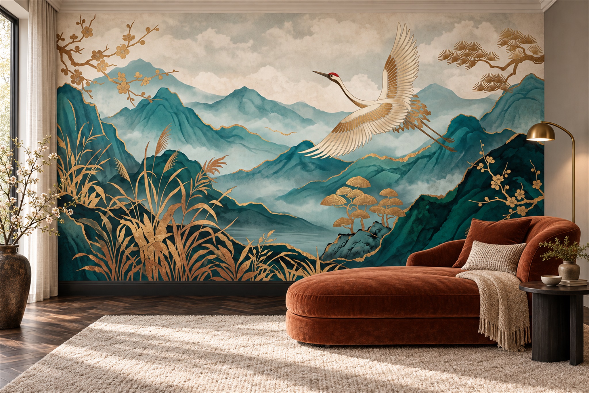 Teal Mountains And Flying Crane Wallpaper Mural — Wallpaper Mural Design, Peel-and-stick Finish