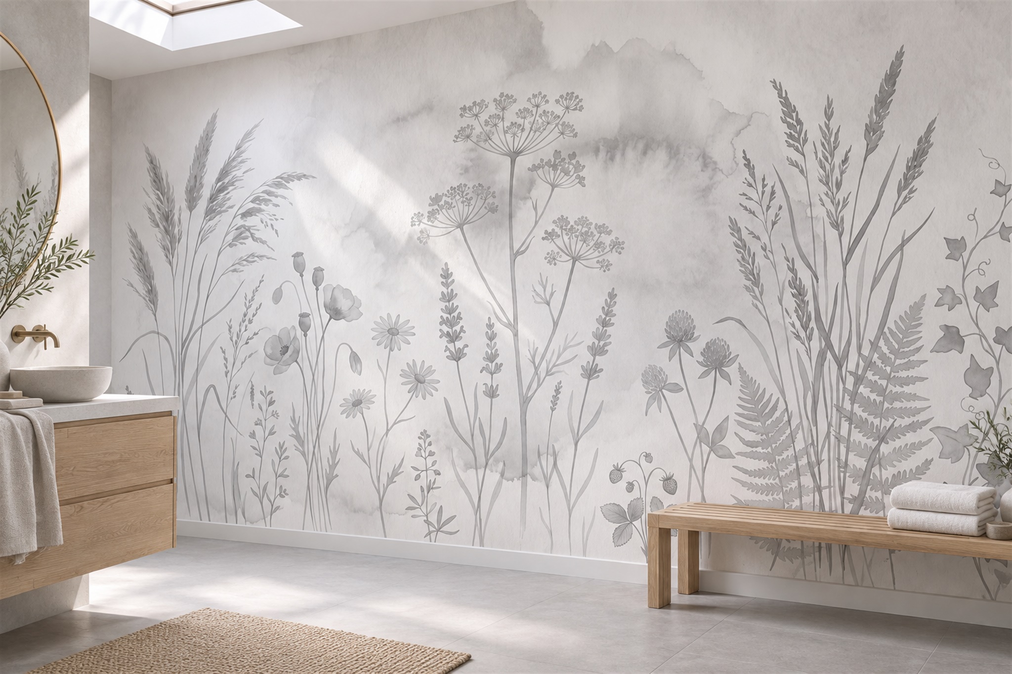 Grey Meadow Scenic Wallpaper Mural Bathroom-wallpaper-murals, Peel-and-stick Finish