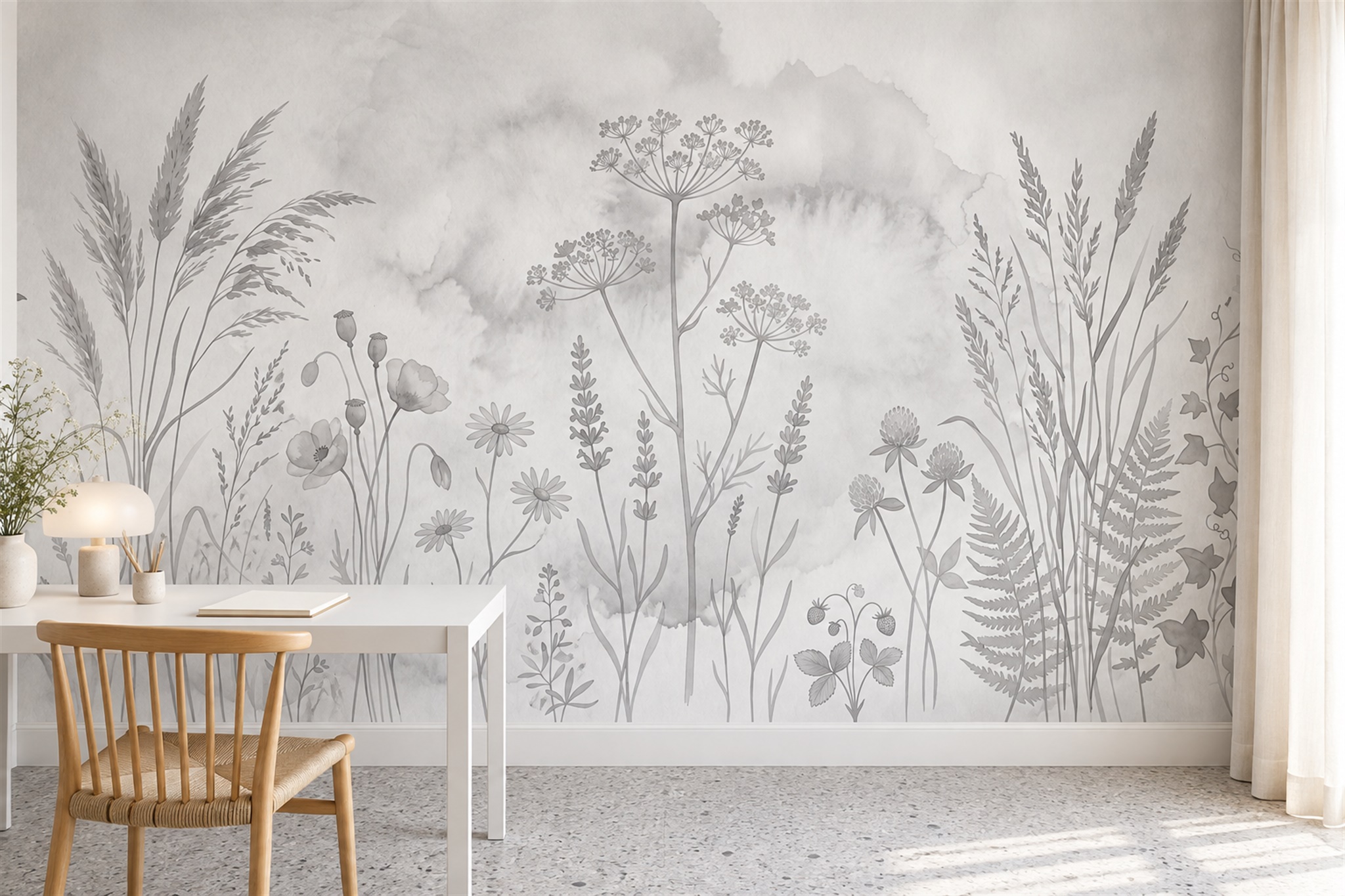Monochrome Meadow Grasses And Wildflowers Wallpaper Mural — Wallpaper Mural Design, Peel-and-stick Finish