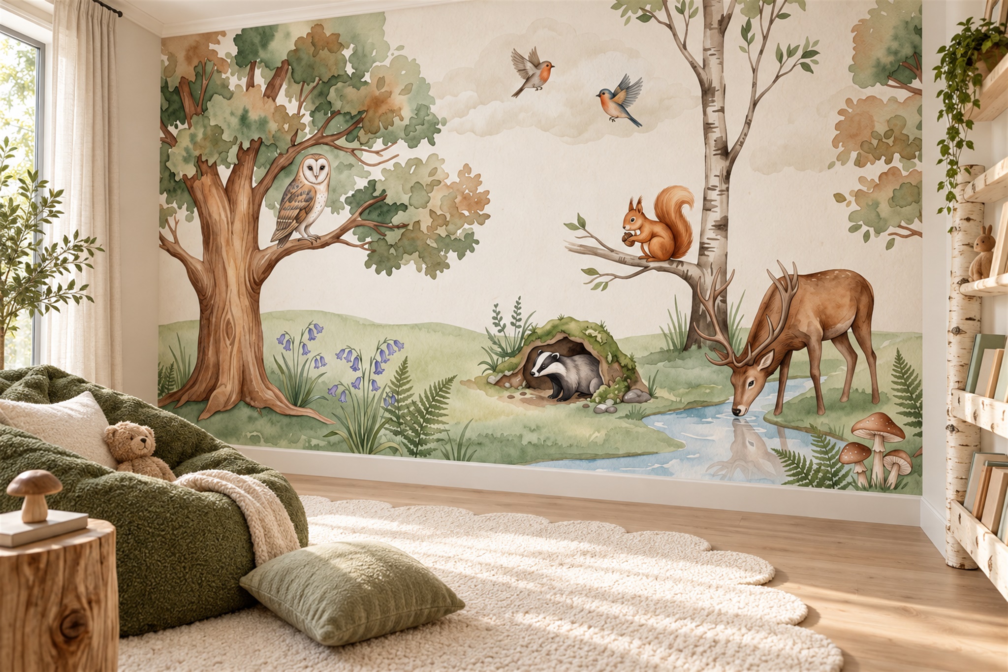 Woodland Animals Beside A Stream Wallpaper Mural — Wallpaper Mural Design, Peel-and-stick Finish