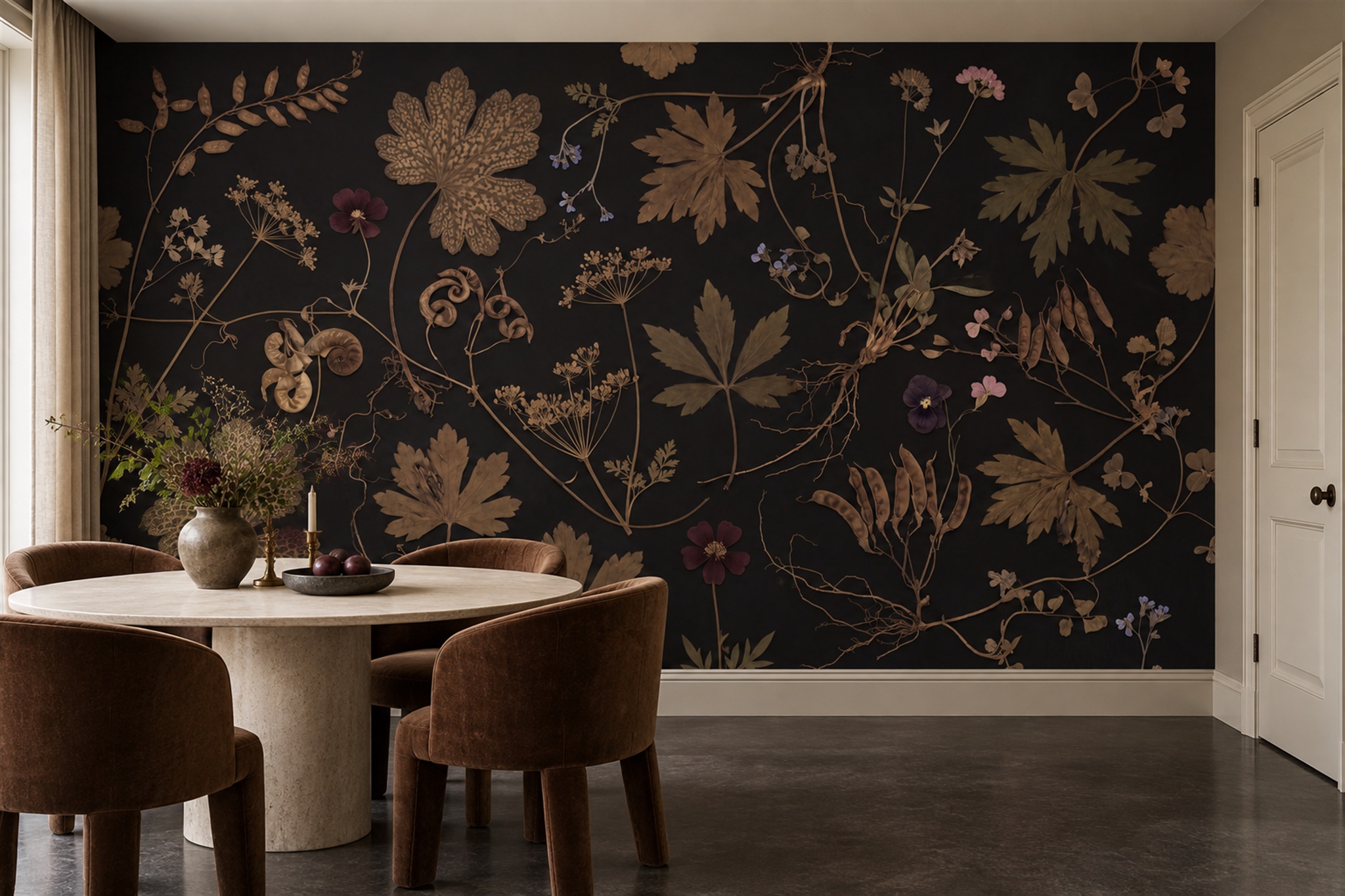 Black Vine Botanical Wallpaper Mural Dining-room-wallpaper-murals, Shown In A Dining Room, Peel-and-stick Finish