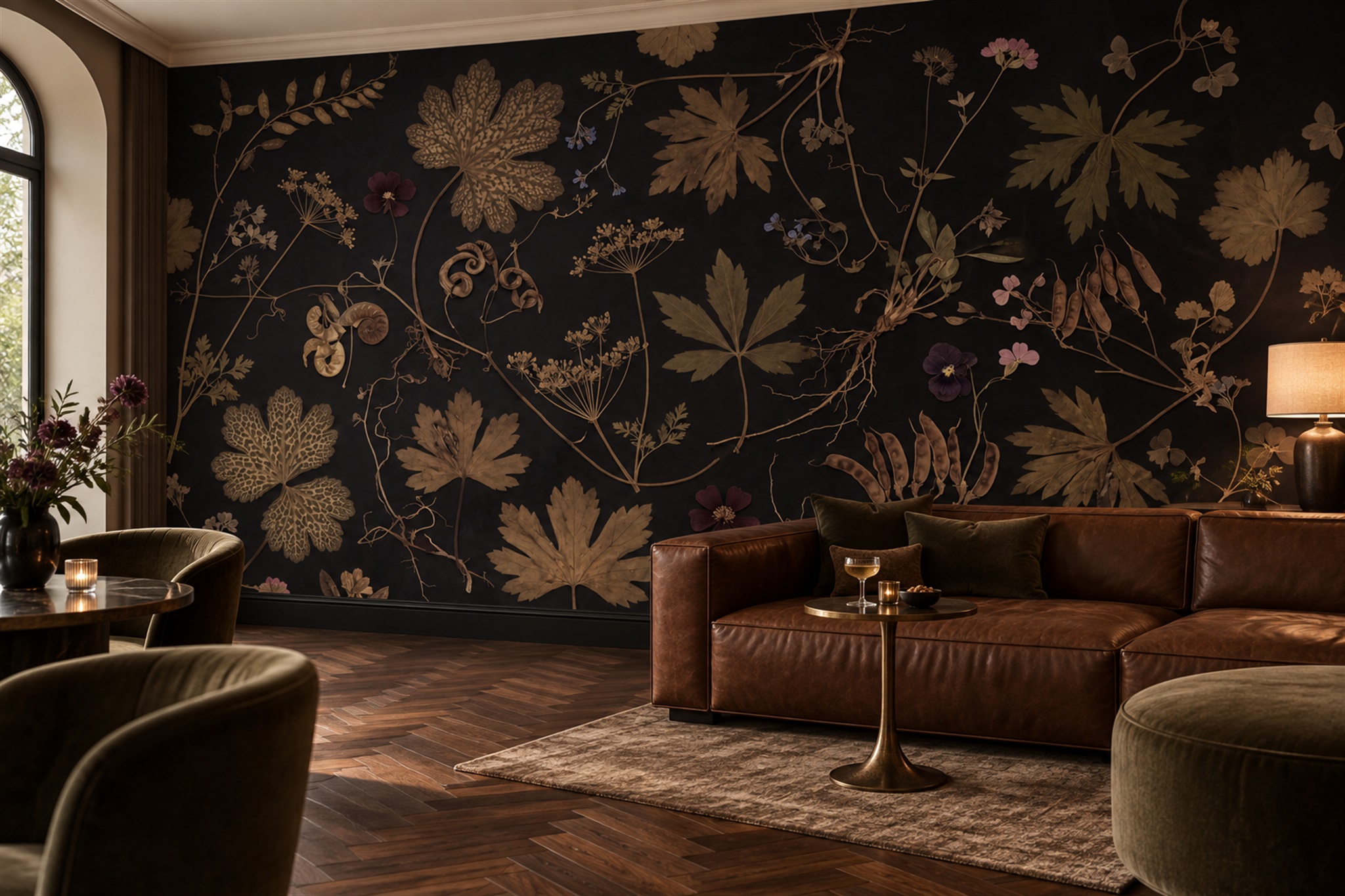Dark Botanical Specimens With Seed Pods And Leaves Wallpaper Mural — Wallpaper Mural Design, Peel-and-stick Finish
