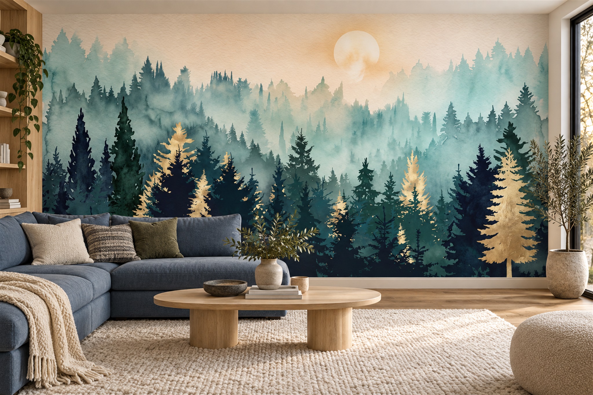 Teal Misty Artful Wallpaper Mural Living-room-wallpaper-murals, Peel-and-stick Finish