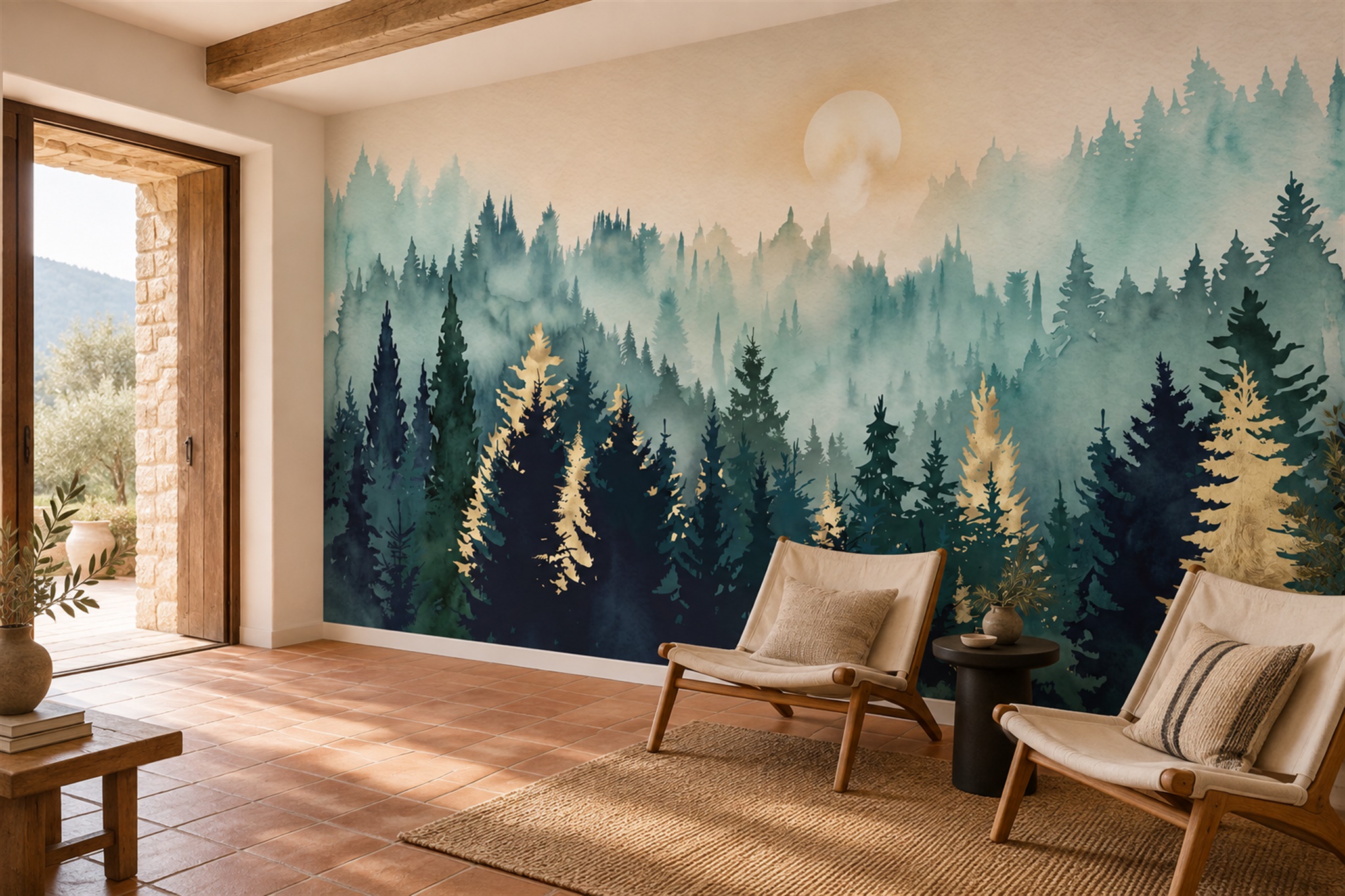 Teal Misty Artful Wallpaper Mural Accent-wall-wallpaper-murals, Peel-and-stick Finish