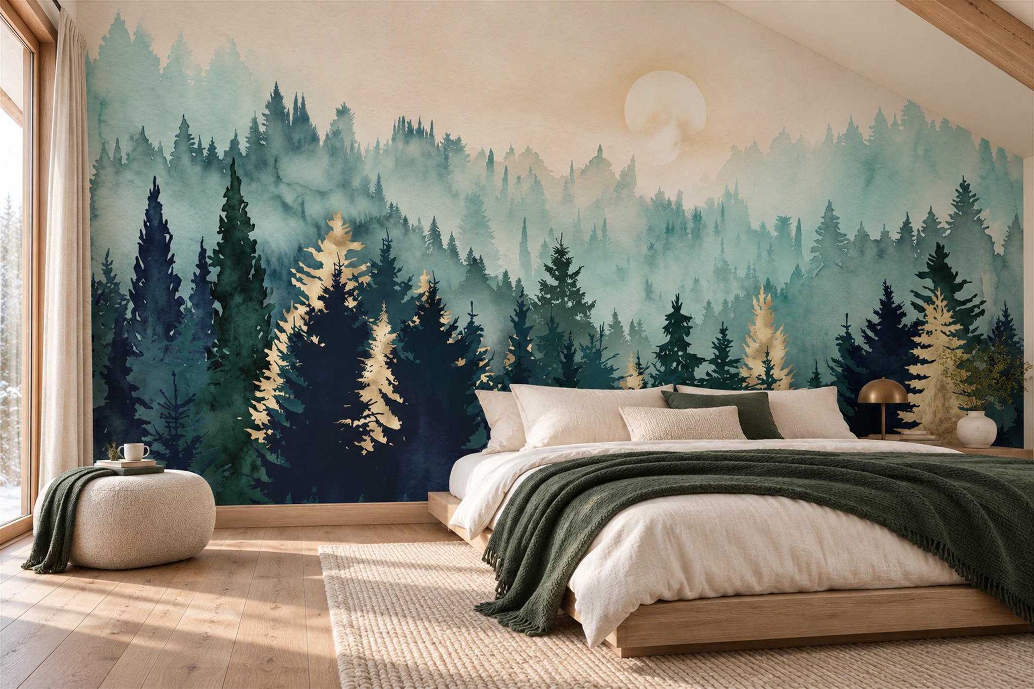 Teal Misty Artful Wallpaper Mural Living-room-wallpaper-murals, Peel-and-stick Finish