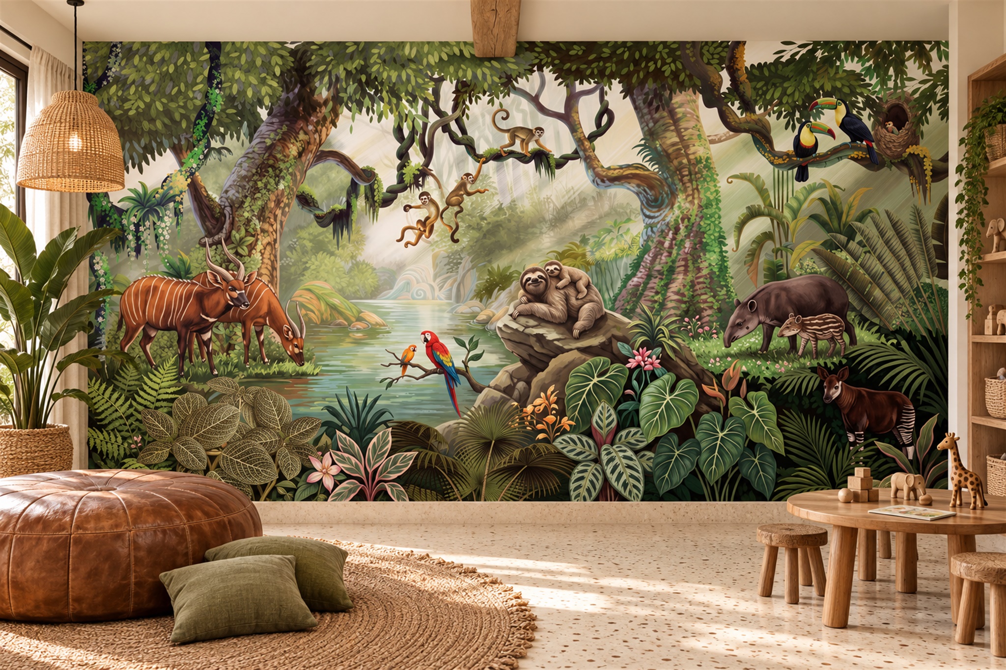 Green Animal Illustrated Decorative Wallpaper Mural Playroom-wallpaper-murals, Peel-and-stick Finish