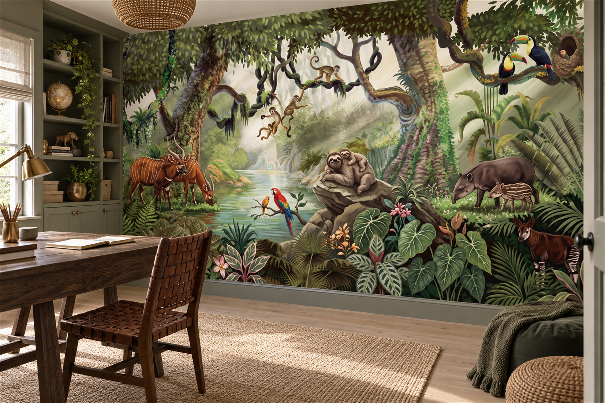 Green Animal Illustrated Decorative Wallpaper Mural Home-office-wallpaper-murals, Peel-and-stick Finish