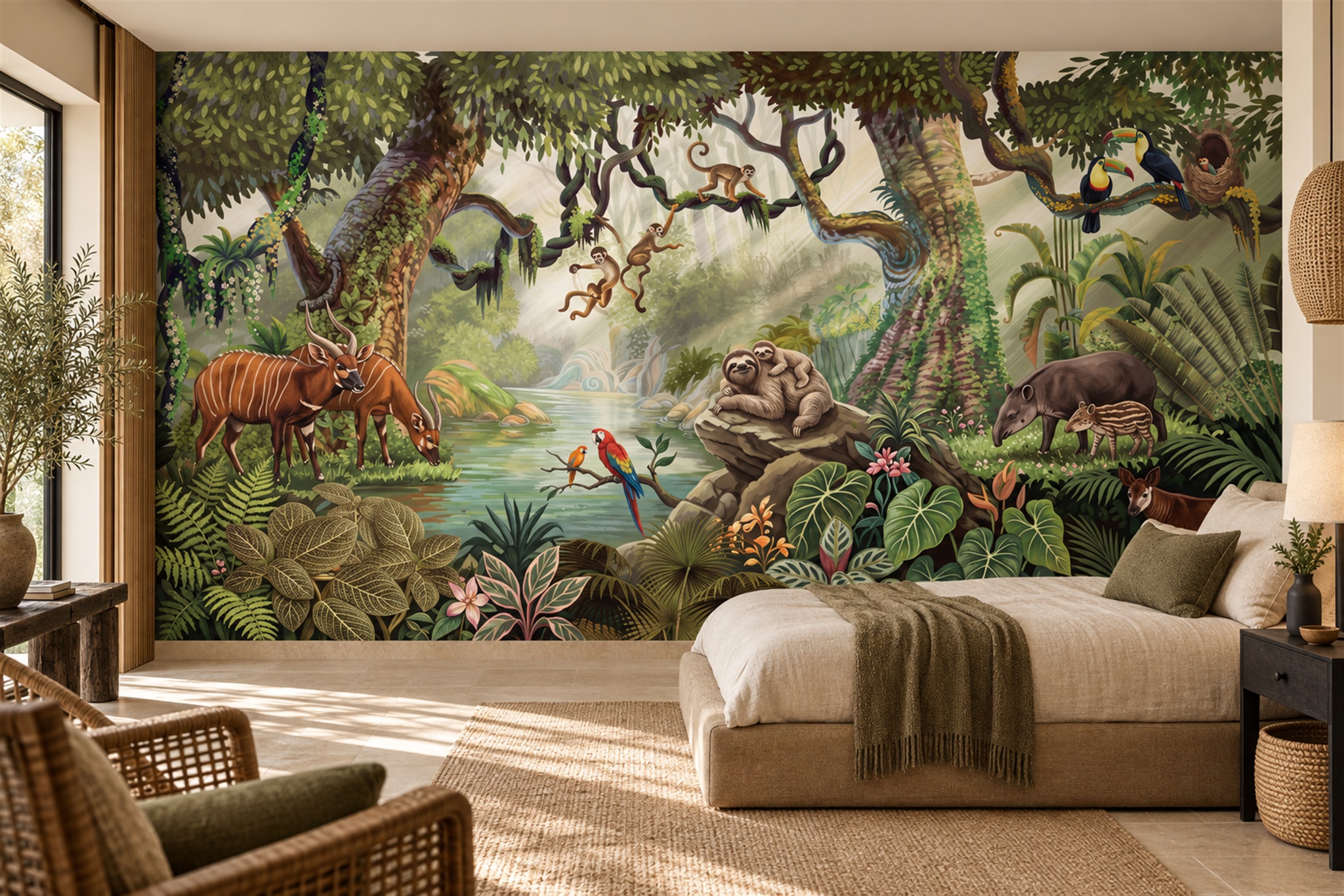 Green Animal Illustrated Decorative Wallpaper Mural Bedroom-wallpaper-murals, Peel-and-stick Finish
