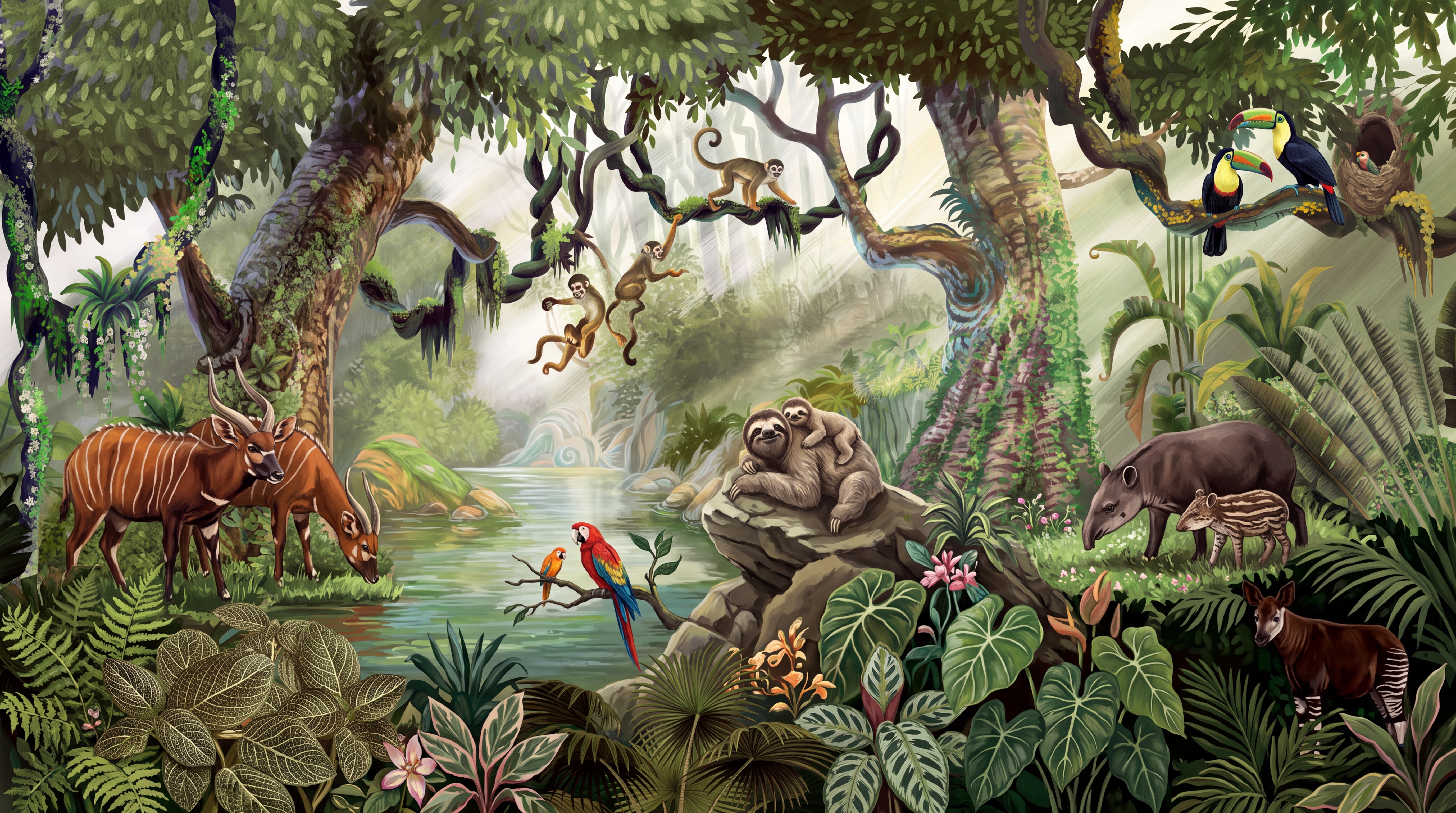 Green Animal Illustrated Decorative Wallpaper Mural Playroom-wallpaper-murals, Peel-and-stick Finish