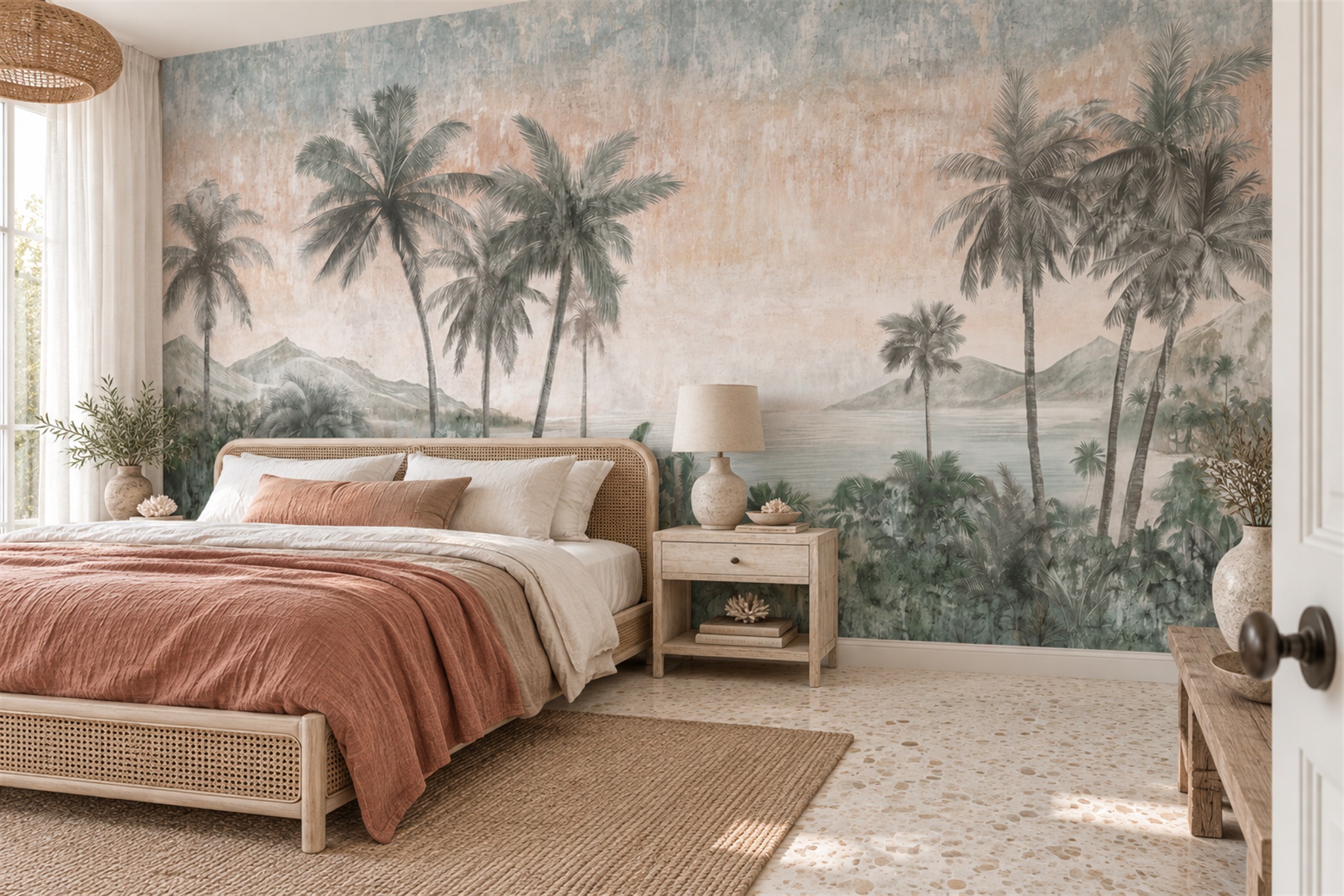 Misty Sage Palm Coastline Wallpaper Mural — Installed Wallpaper Mural In A Bedroom, Peel-and-stick Finish