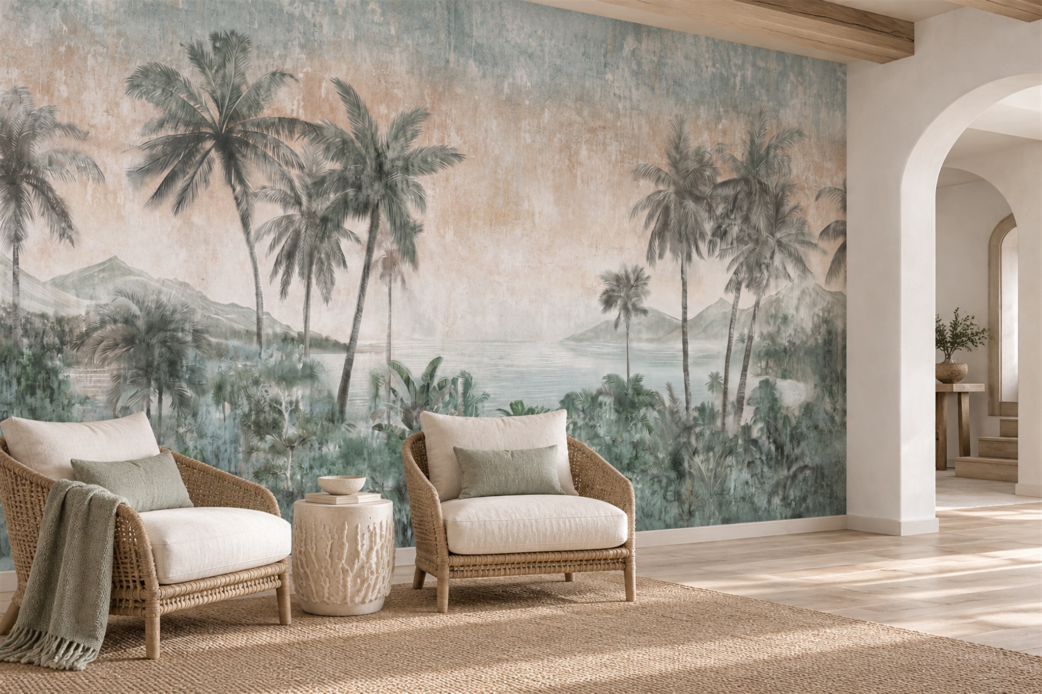 Sage Palm Artful Decorative Wallpaper Mural Living-room-wallpaper-murals, Peel-and-stick Finish