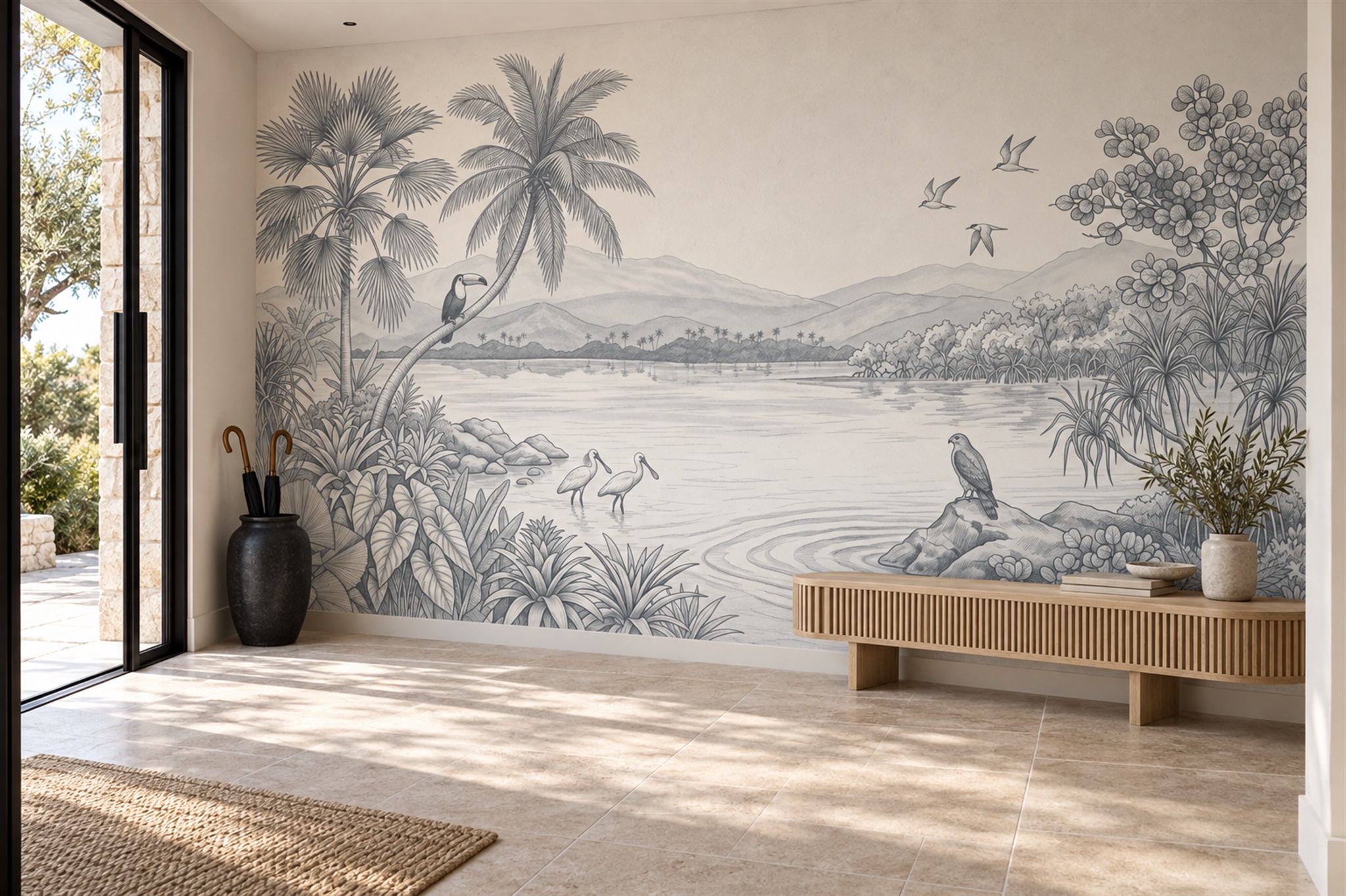 Grey Heron Illustrated Abstract Wallpaper Mural Entryway-wallpaper-murals, Peel-and-stick Finish