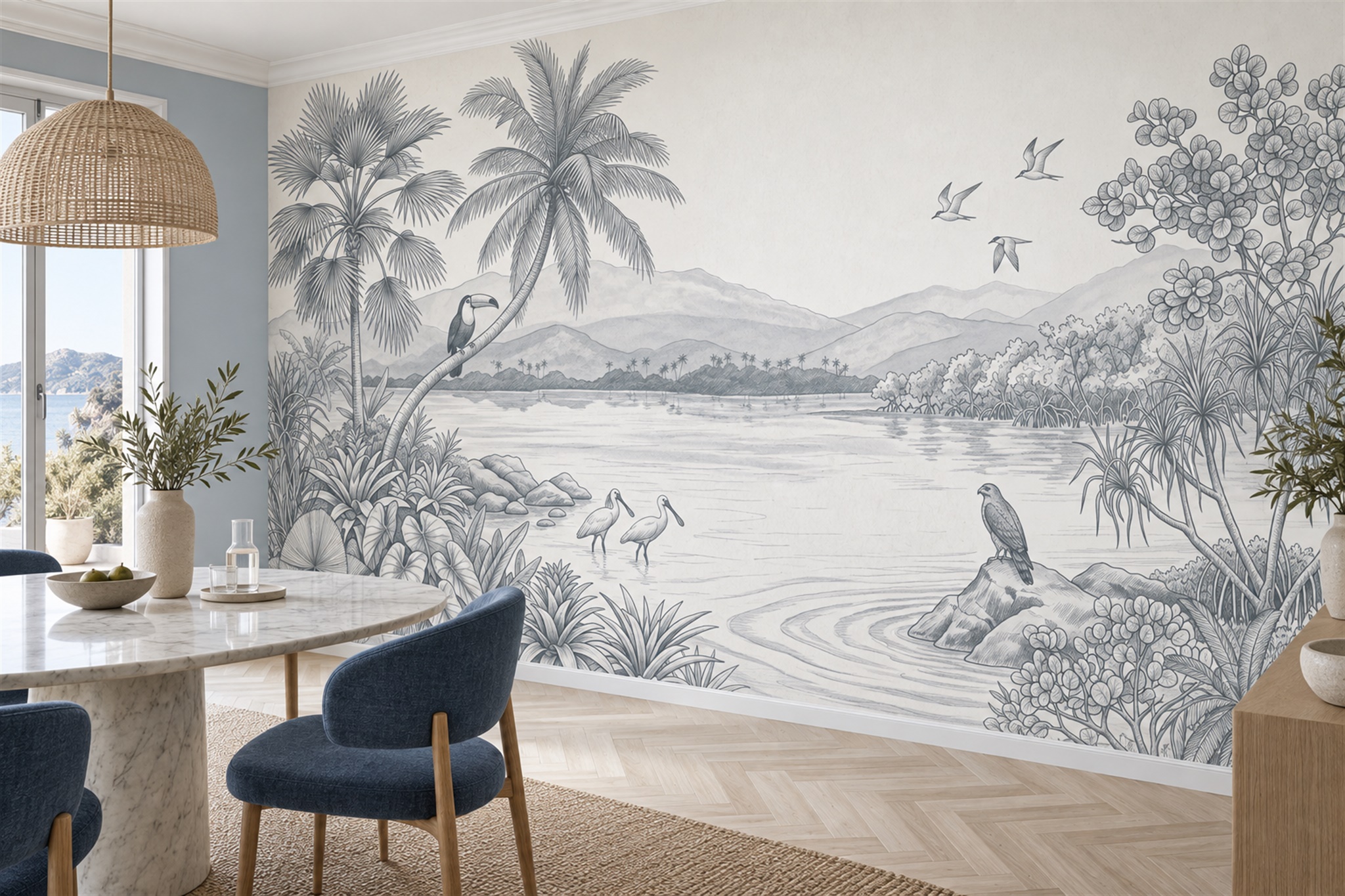 Grey Heron Illustrated Abstract Wallpaper Mural Dining-room-wallpaper-murals, Peel-and-stick Finish