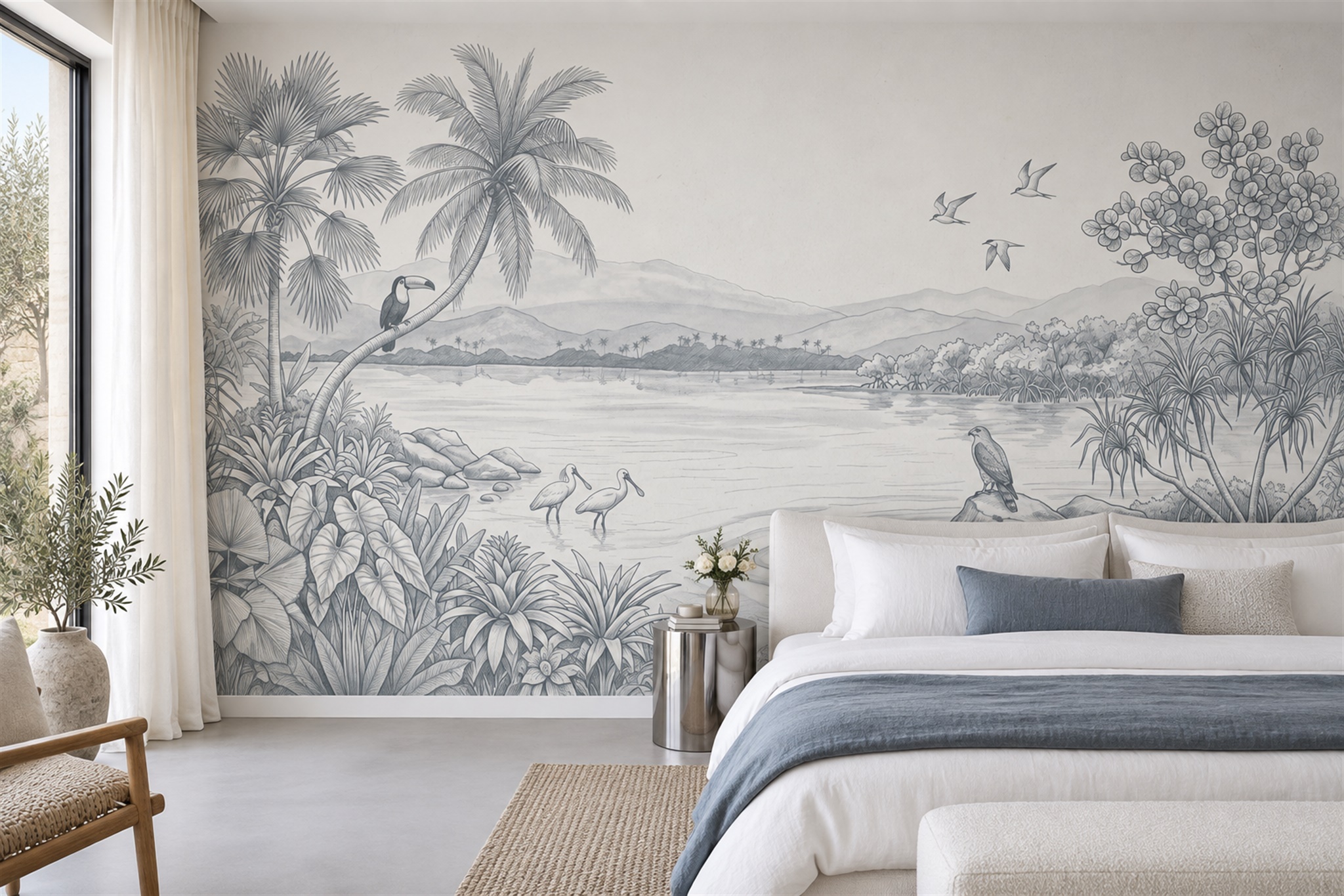 Grey Heron Illustrated Abstract Wallpaper Mural Dining-room-wallpaper-murals, Peel-and-stick Finish