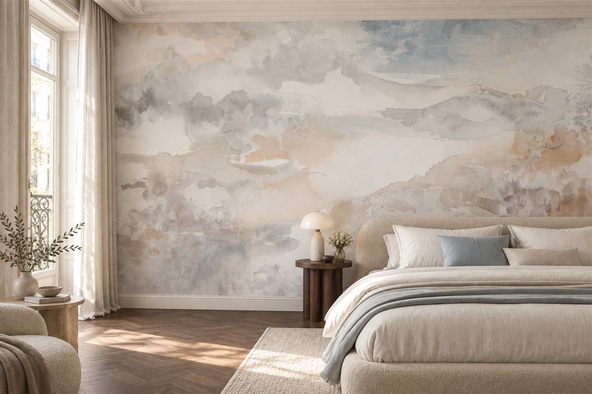 Soft Beige Clouded Marble Wallpaper Mural — Installed Wallpaper Mural In A Bedroom, Peel-and-stick Finish